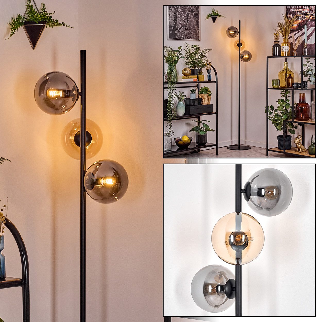 Stehlampe Stehlampe aus Metall/Glas in Schwarz/Bernstein-/Rauchfarben