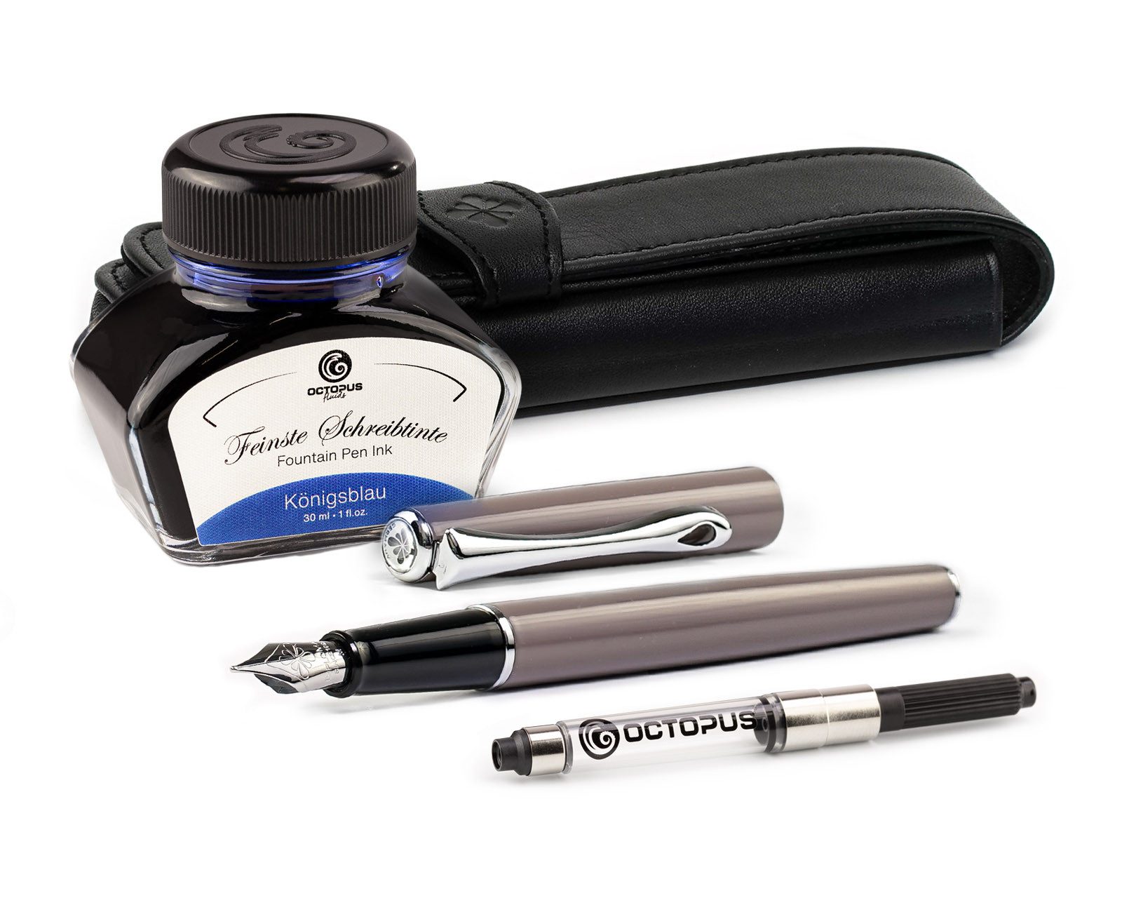 DIPLOMAT Füllhalter Traveller Taupe Grey mit Lederetui und Tinte