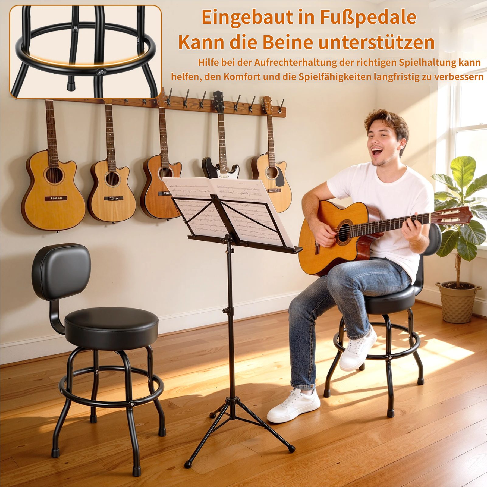 Rutaqian Gitarrenständer Gitarrenhocker mit Rückenlehne,360° drehbarer Barhocker, Gitarrenstuhl mit gepolstertem Kissen und Fußstütze für Akustikgitarre