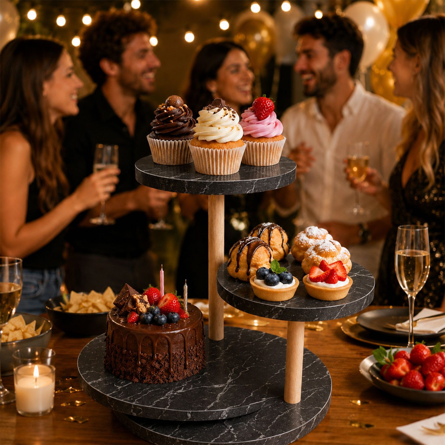 Jungengel Blumenständer 3-in-1 Standregal Blumenregal Tortenständer Servieretagere Cupcake (Einzelartikel, 3 Ebenen mit Holzsäulen und werkzeuglosem Drehsystem), 3-in-1 Etagere als Servierständer, Dekoregal und Pflanzenständer