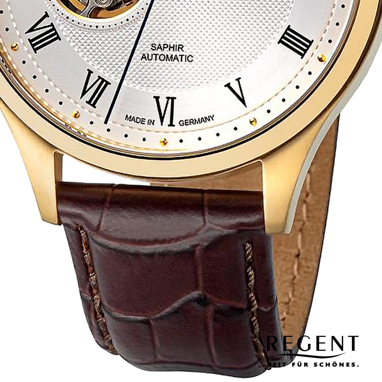 Regent Automatikuhr Regent Herren Armbanduhr Analog, (Analoguhr), Herren Armbanduhr rund, extra groß (ca. 42mm), Lederarmband
