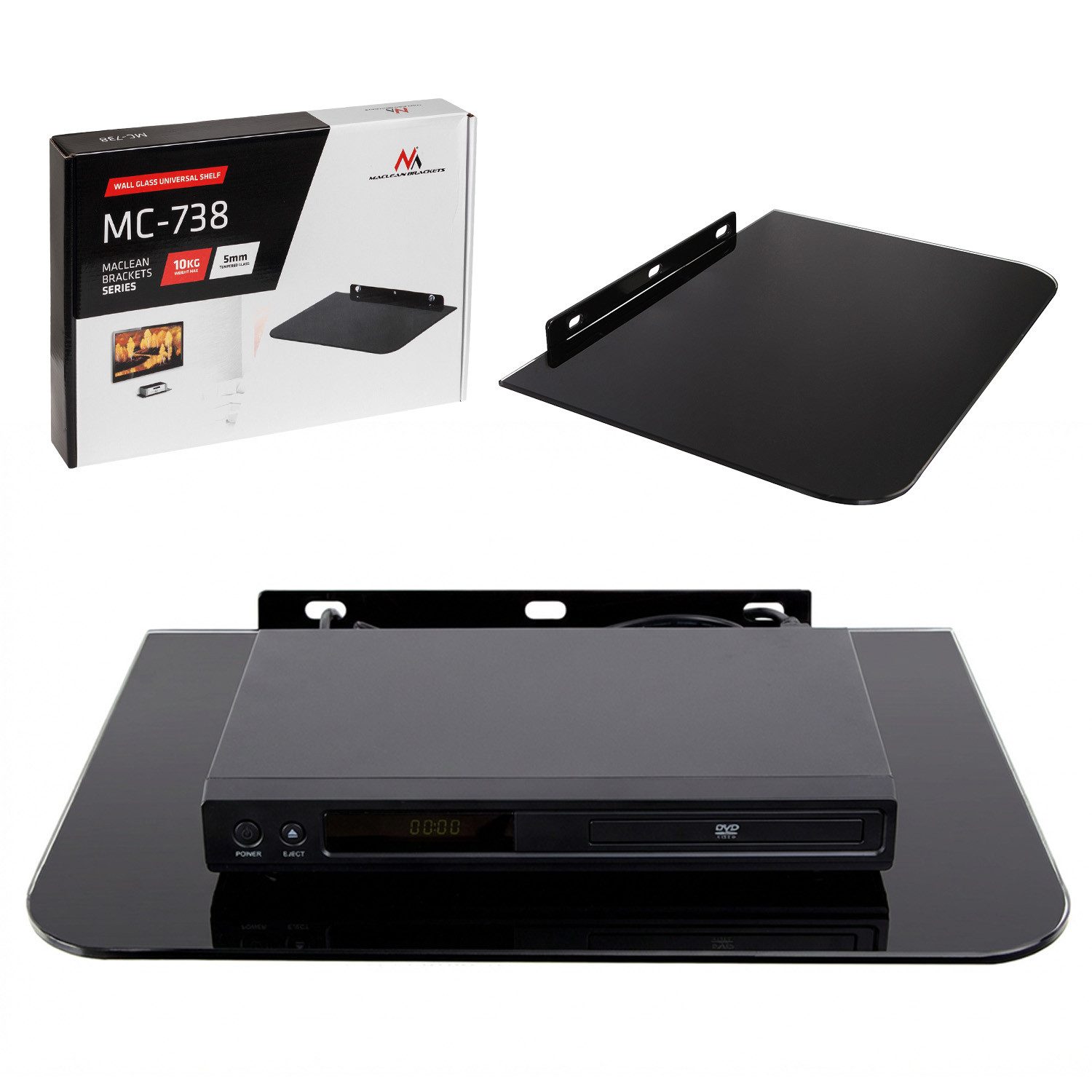Maclean TV-Regal MC-738 TV Wandregal aus Glas – 35x25 cm, bis 10 kg, 1-tlg., Wandablage für Receiver, Konsole & DVD Player