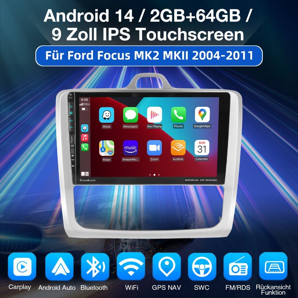 ESSGOO DAB+ 4+64G Carplay Android 15 Für Ford Focus MK2 MK II 2004-2011 Autoradio (RDS, 4+64GB(optional), Digitalradio (DAB), FM, AM, Carplay Android Auto Bluetooth EQ USB GPS Navi WIFI IPS Touchscreen)