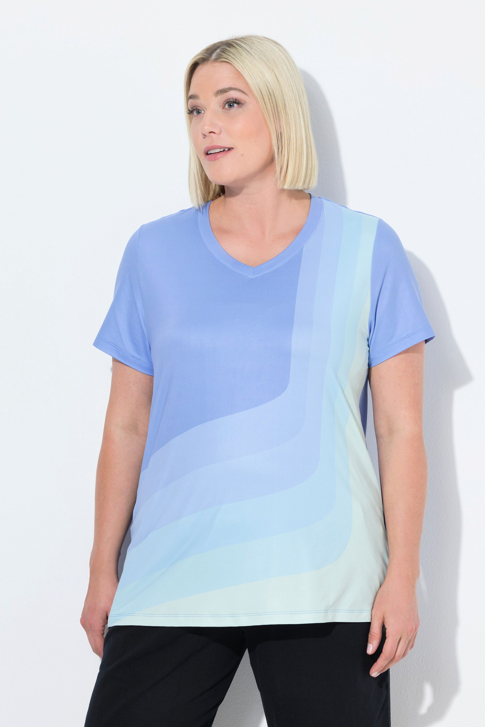 Ulla Popken T-Shirt Yoga-Shirt Rücken-Raffband V-Ausschnitt Halbarm