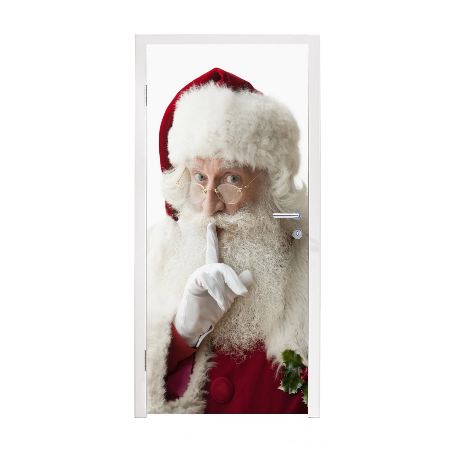MuchoWow Türtapete Der Weihnachtsmann mit Matt, Fototapete cm Türaufkleber, bedruckt, (1 75x205 dem Mund, Tür, St), Finger dem auf für