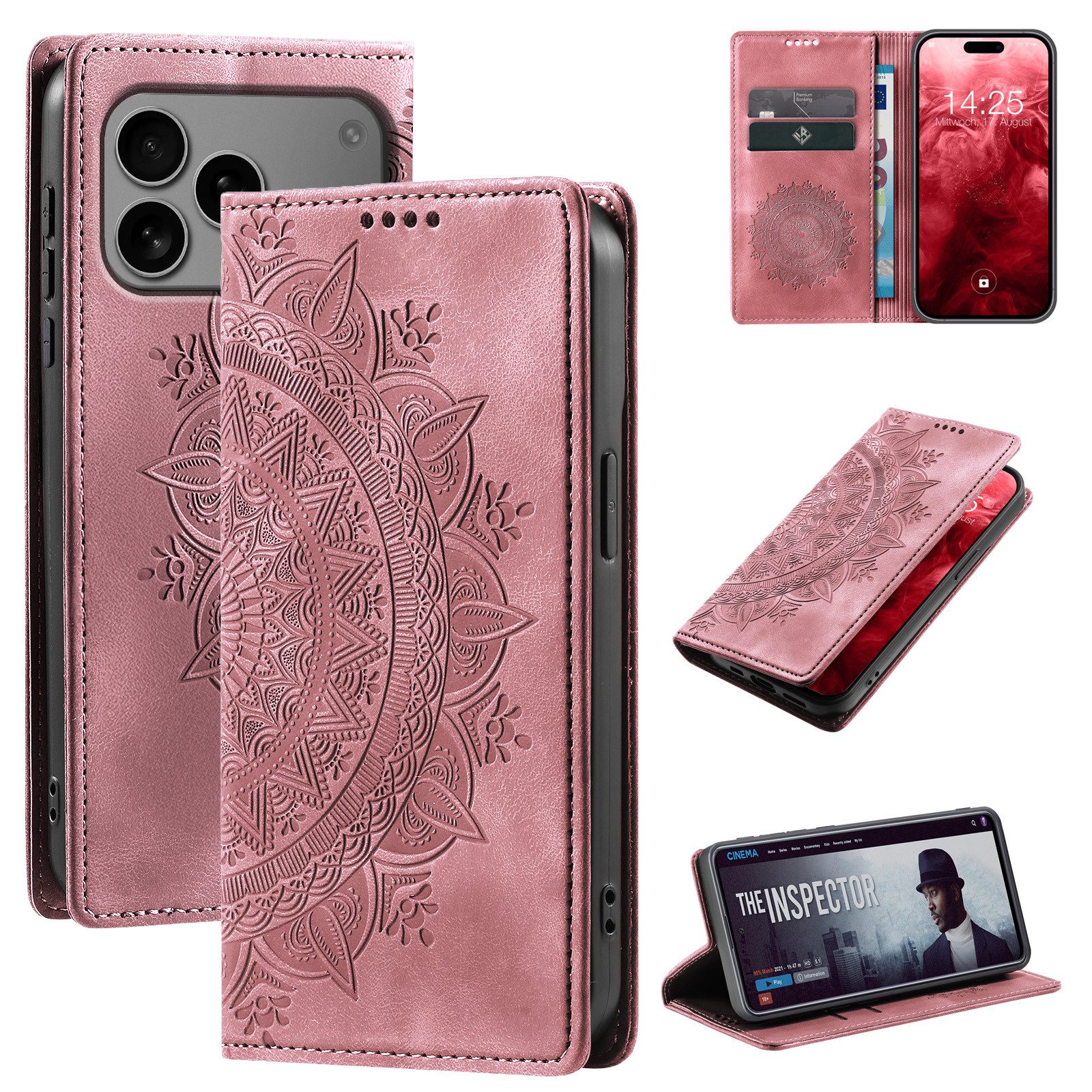 Tec-Expert Handyhülle Mandala Hülle Cover für Apple iPhone 17 Pro, Klapphülle Case Tasche mit Kartenfächern und RFID Schutz