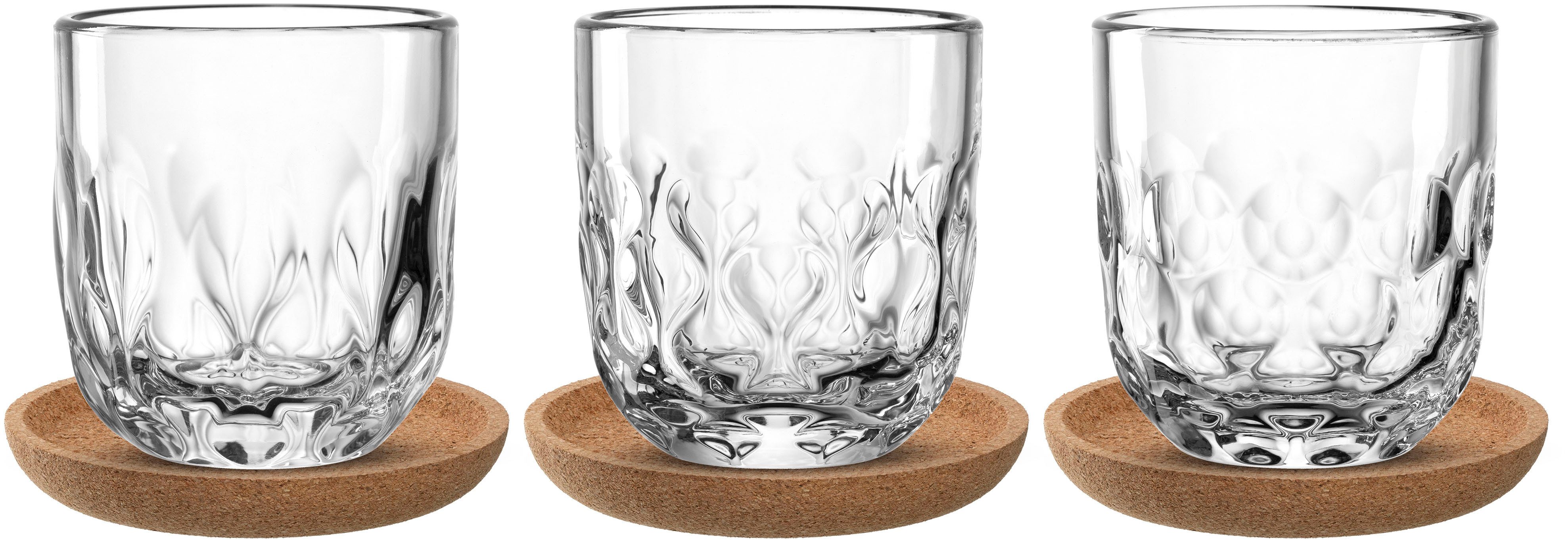 LEONARDO Gläser-Set Kaffee-Set GOCCE, 220 ml, 6-teilig, 6-tlg., Glas, 3 Gläser mit unterschiedlichem Tropfenrelief, inkl. Kork-Untersetzer