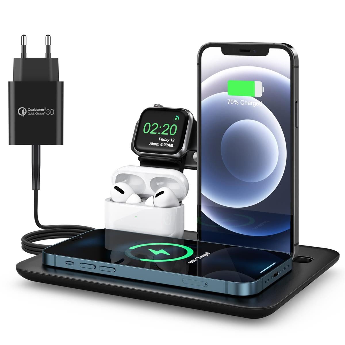 Wisam Smartphone-Dockingstation Wisam® 4 in 1 Multifunktion 15W QI Ladestation für Airpods Apple Watch, Steckverbindung