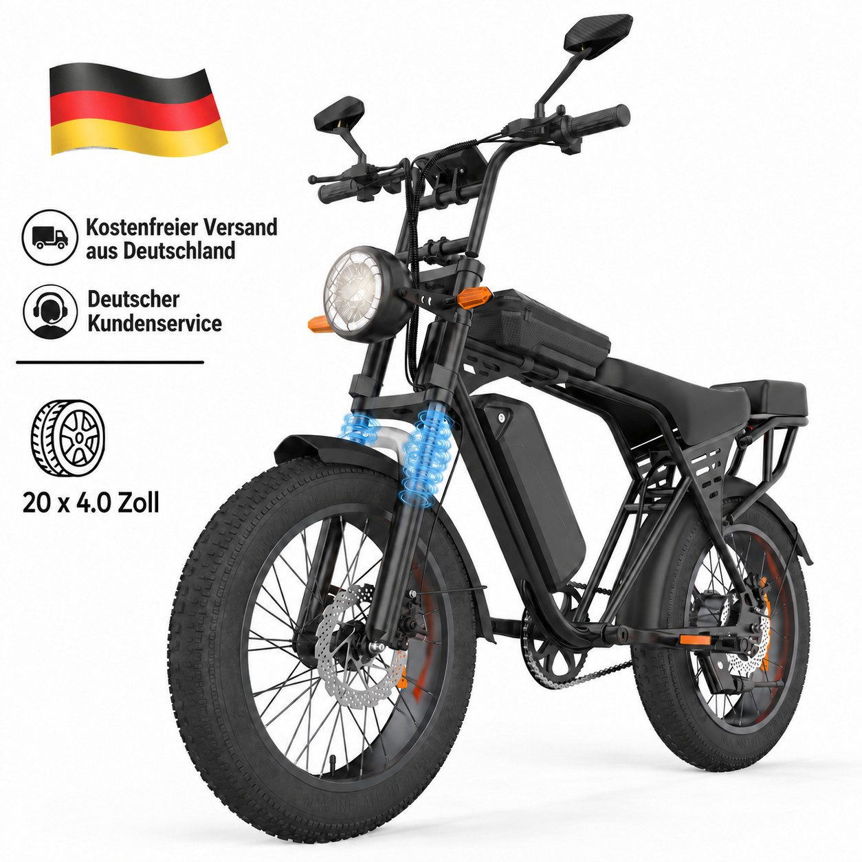 PixelPilot E-Bike Mountainbike X5 20 Zoll Fatbike 48 V 15 Ah Akku Elektrofahrrad und 4,0 Zoll Reifen, 1 Gang, Heckmotor, 720 Wh, (Packung)