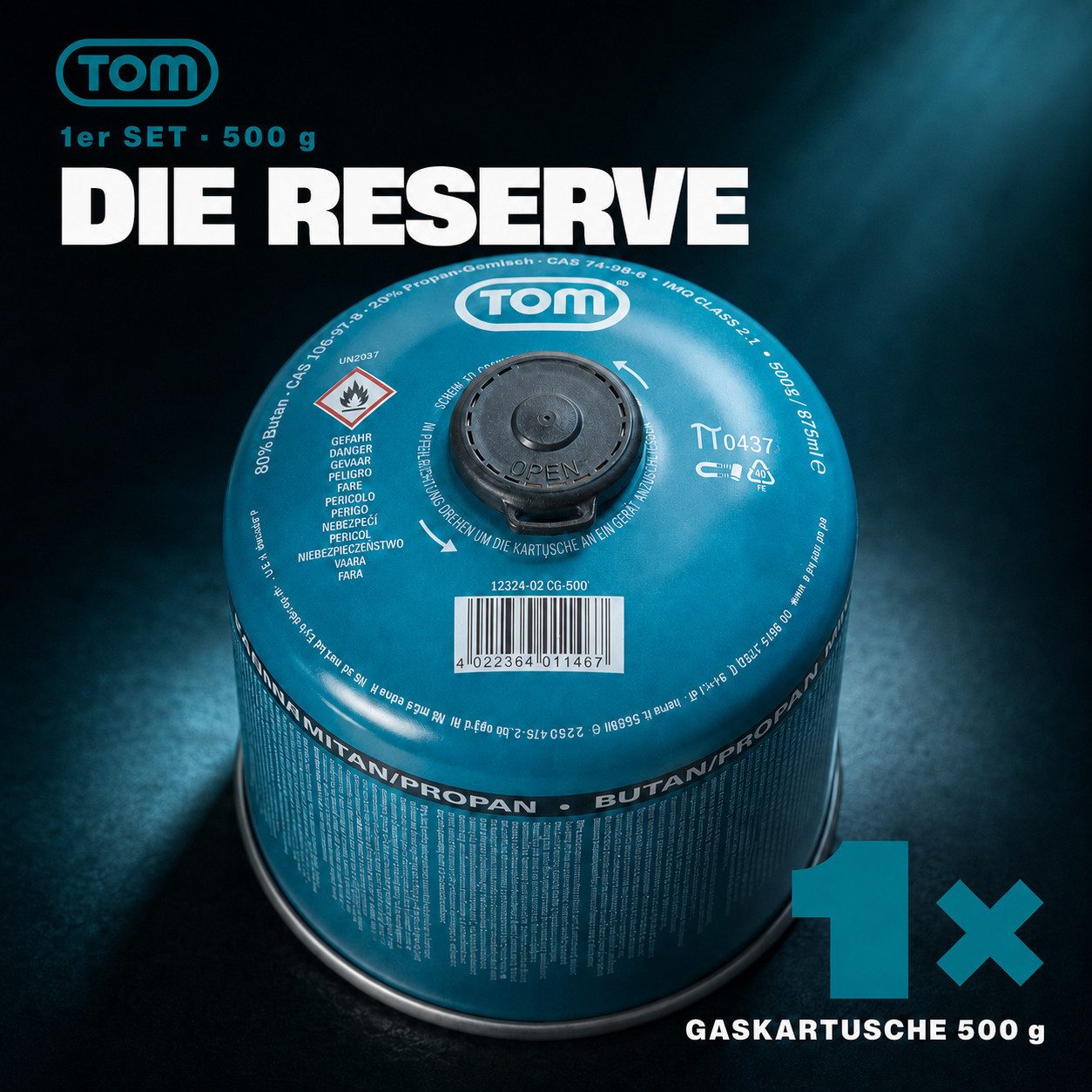 TOM Gaskartusche 500g Schraubgaskartuschen Set EN417, 1 St., Butan-/Propangemisch, 1er Set