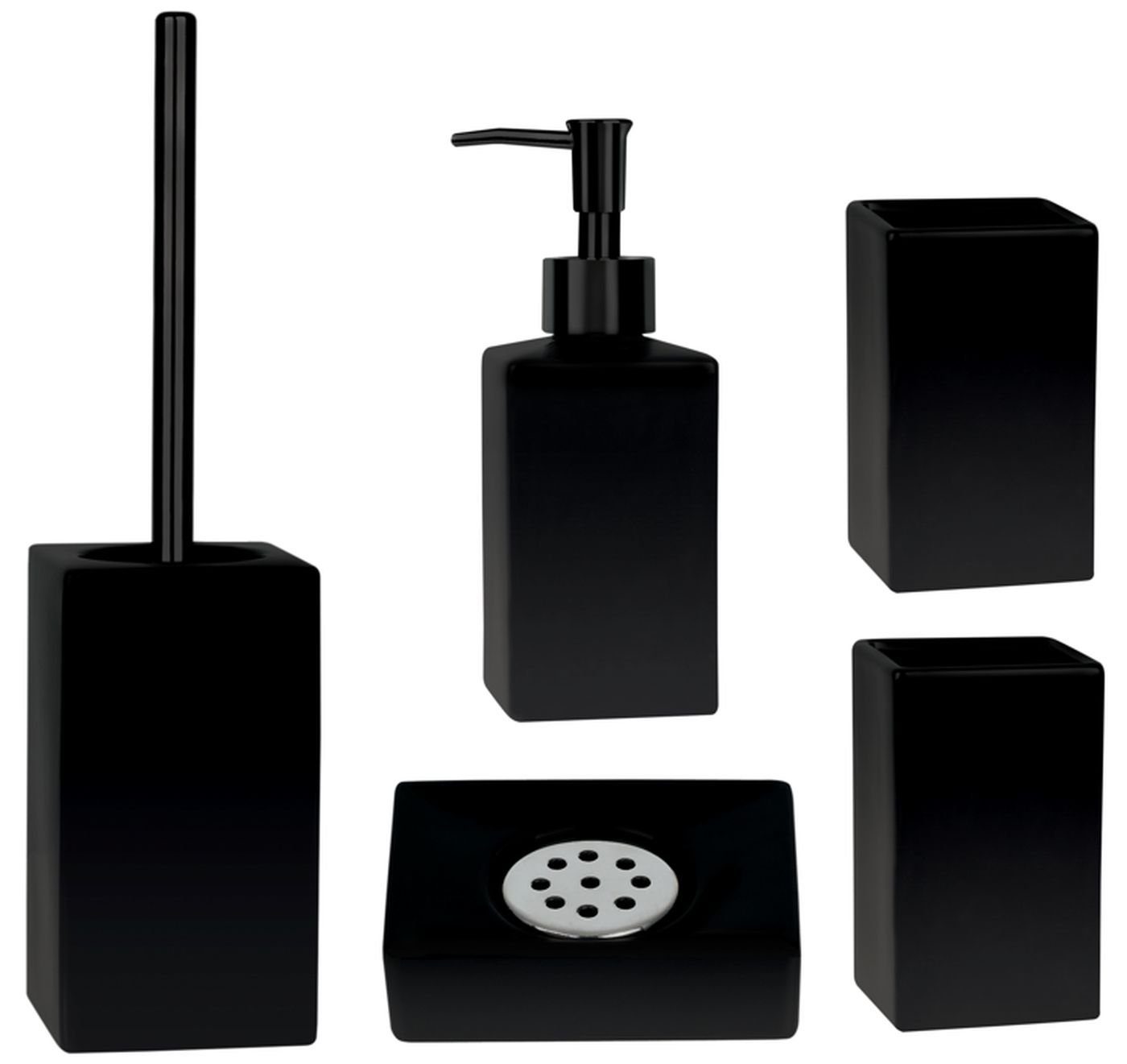 spirella Badaccessoires-Sets QUADRO-MATT, Zubehör-Set aus hochwertiger Keramik, schwarz, elegante Matt-Optik, 5 tlg., bestehend aus: WC-Bürste, Seifenspender, 2x Zahnputzbecher, Seifenschale, Keramik, elegantes matt-Finish