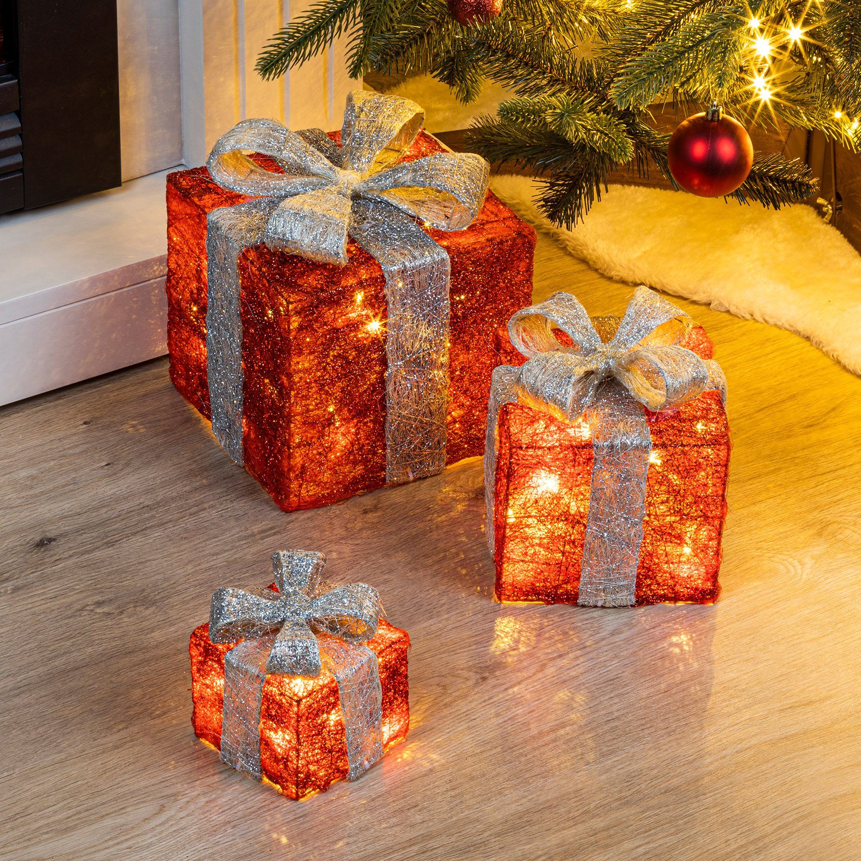 Spetebo LED Dekoobjekt LED Geschenkboxen mit Timer 3er Set - rot / grau, Timerfunktion, LED fest verbaut, warm weiß, Weihnachts Deko Boxen warm weiß beleuchtet