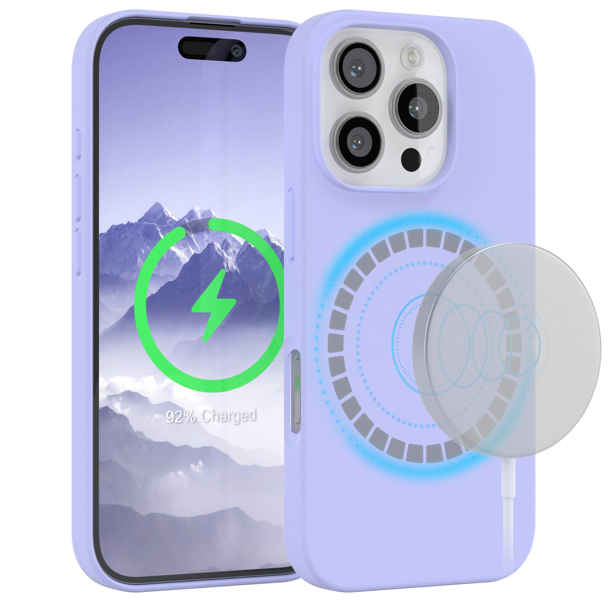 EAZY CASE Handyhülle Silikonhülle mit MagSafe für Apple iPhone 16 Pro 6,3 Zoll, Handytasche aus Silikon Slimcover mit Displayscchutz Violett Lavendel