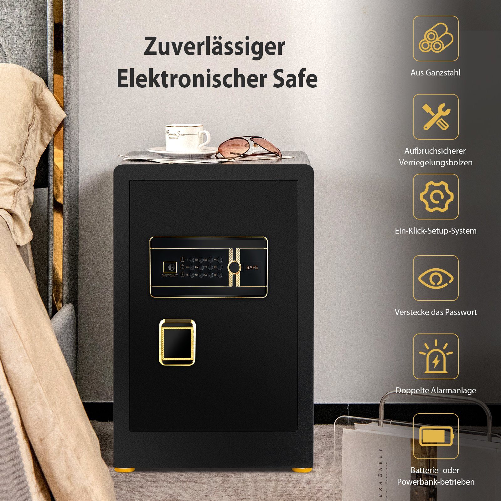 COSTWAY Tresor 42.5L, feuerfest Tresore für zu hause, Ganzstahl-Sicherheitsbox, 42,5L, Zahlenschloss, abschließbar, 37,5x36,5x59cm