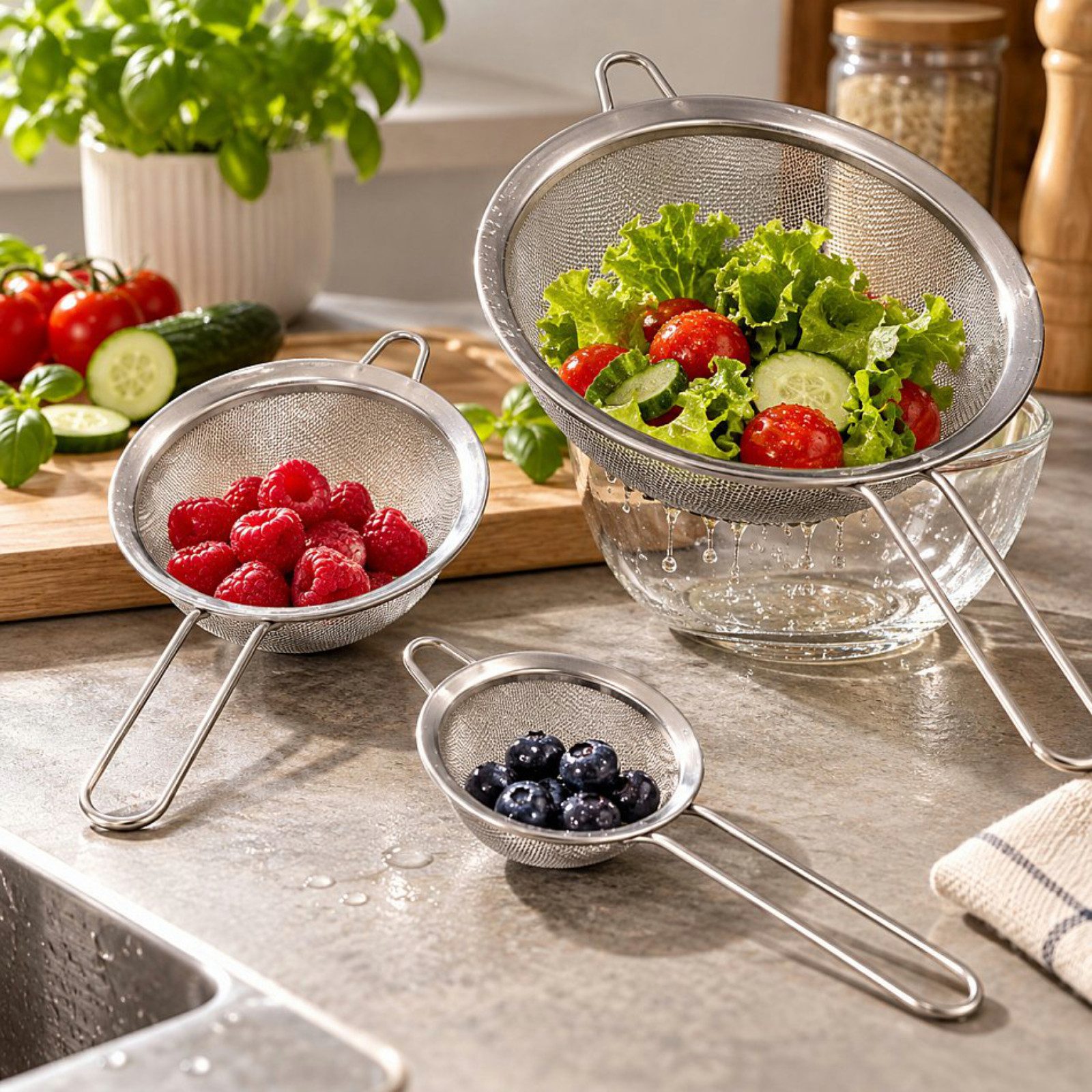 Haushalt International Im- und Export GmbH Küchensieb Mehlsieb Kochsieb Backsieb 8/14/20cm 3tlg, Edelstahl, (Set, 3-St., Packung), Edelstahl, 3 Größen, Feinmaschig, Tragegriff