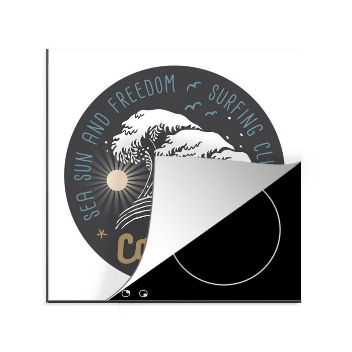 MuchoWow Herdblende-/Abdeckplatte Eine Illustration einer Welle mit dem Text California Long Beach Vinyl (1 tlg) Ceranfeldabdeckung Arbeitsplatte für küche