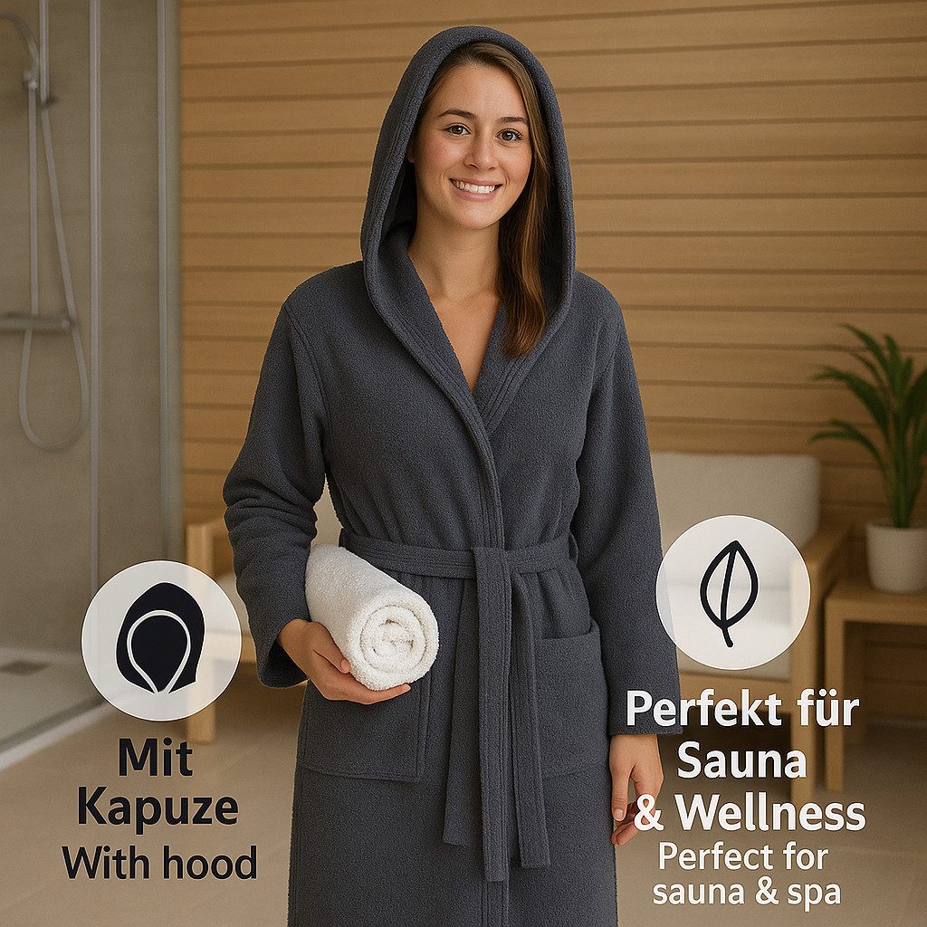 Betz Bademantel Saunamantel mit Kapuze BERLIN für Herren und Damen, Wadenlang, 100% Baumwolle, Kapuze, gürtel