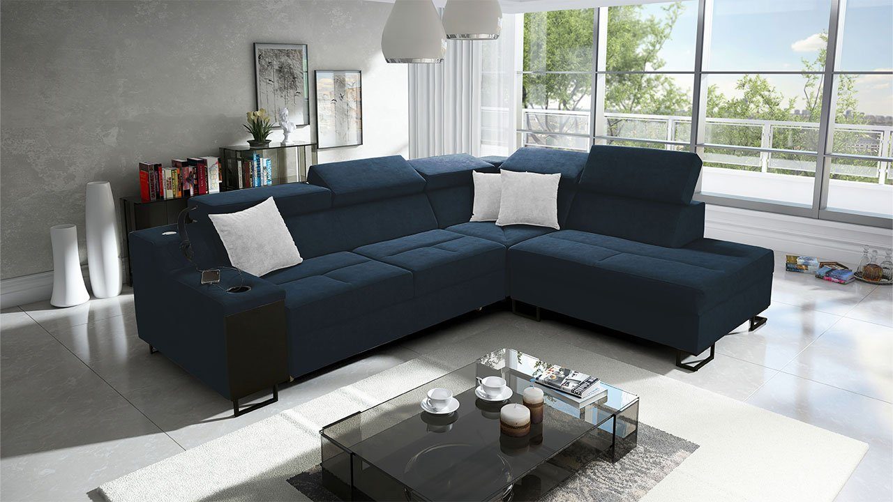 MIRJAN24 Ecksofa Alicante VII, mit Bettkasten und Schlaffunktion, Einstellbare Kopfstützen, USB-Anschluss, Barfach, Lampe Uttario Velvet 2967 + Uttario Velvet 2967 + Uttario Velvet 2973