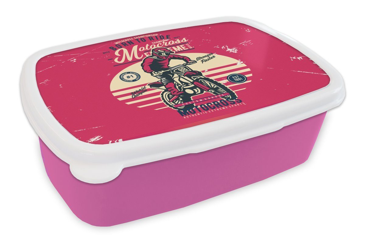 MuchoWow Lunchbox Mann - Motorrad - Oldtimer, Kunststoff, (2-tlg), Brotbox für Erwachsene, Brotdose Kinder, Snackbox, Mädchen, Kunststoff rosa
