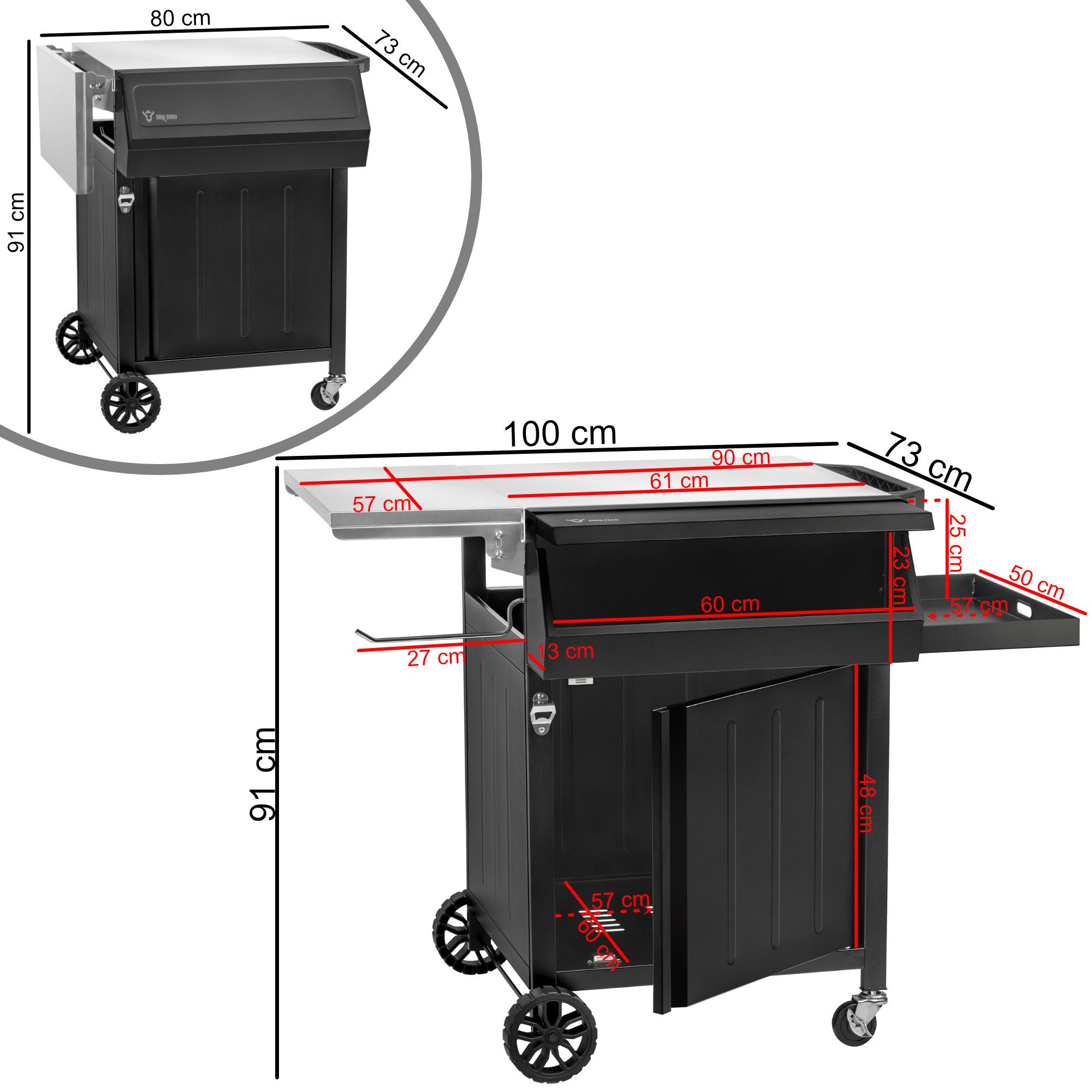 BBQ-Toro Grillablagetisch Grillwagen 100 x 73 x 91 cm, Schwarz, Grilltisch, Beistelltisch