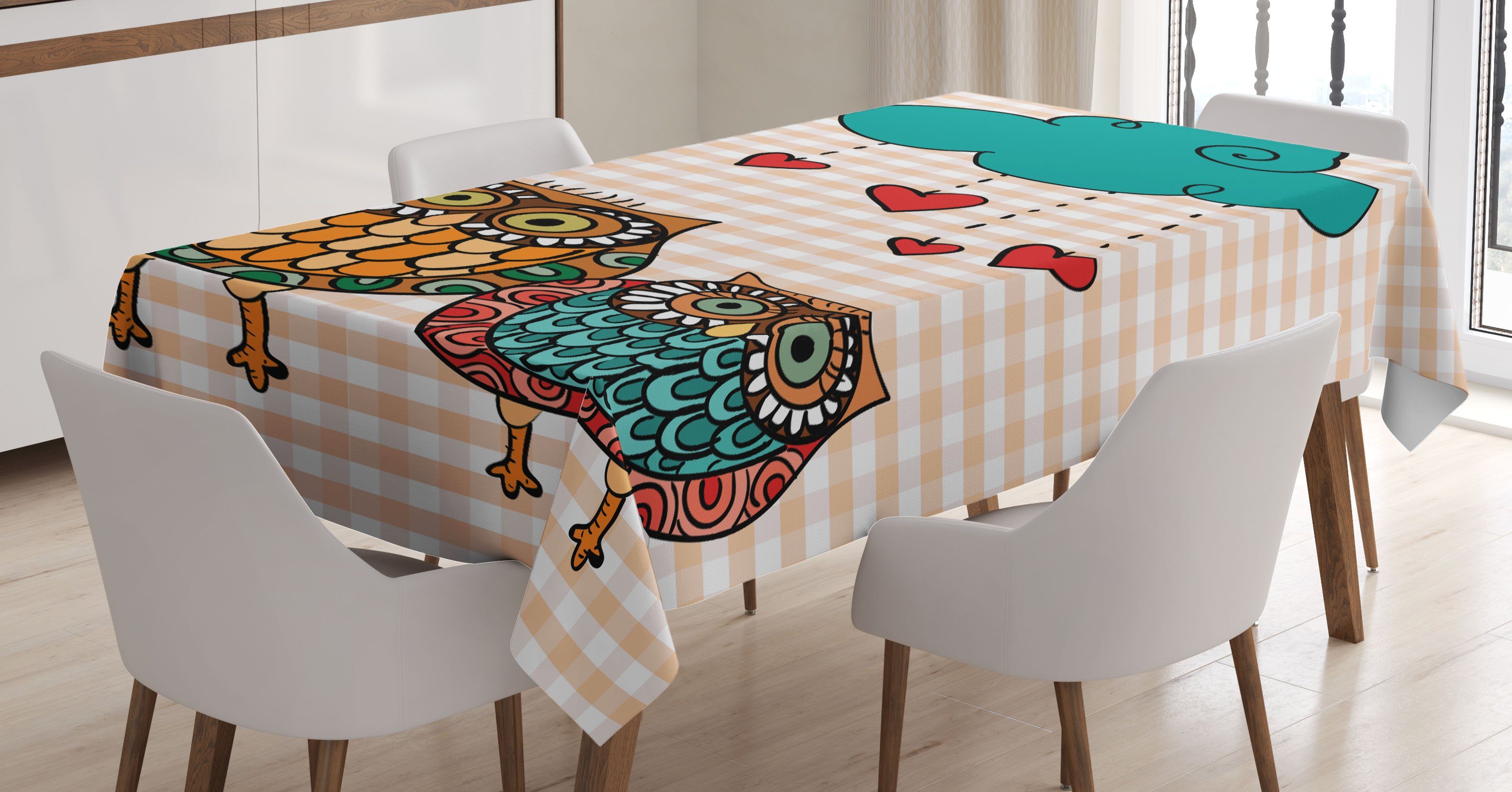 Abakuhaus Tischdecke Farbfest Waschbar Für den Außen Bereich geeignet Klare Farben, Eule Vogel Paare in der Liebe Regen-Wolke