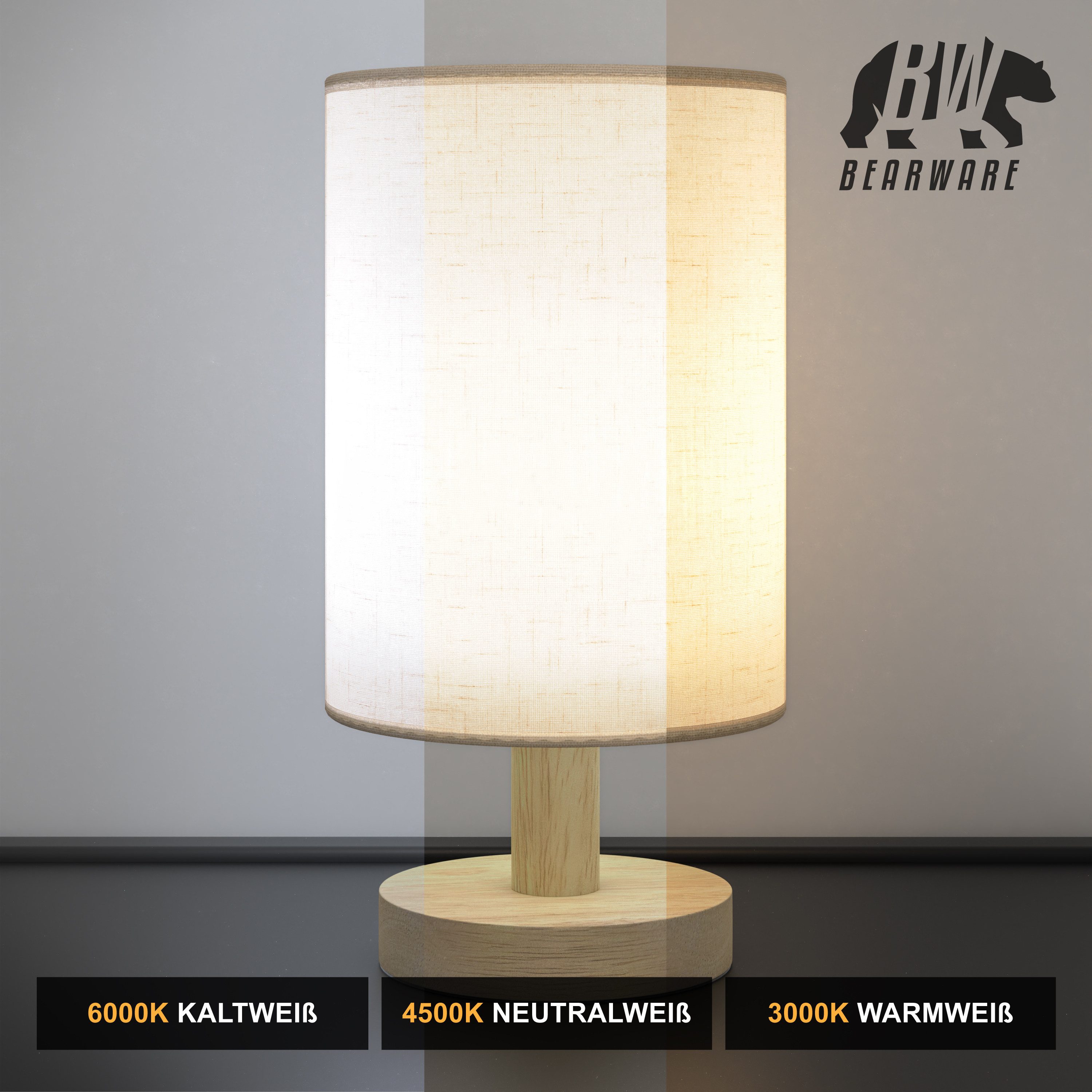 MyBeo LED Nachttischlampe mit Stoffschirm, rund, Nachtlicht, energieeffizient, Nachtlichtfunktion, LED fest verbaut, Neutralweiß, Kaltweiß, Warmweiß, 3 Lichtmod – Bild 4 von 5