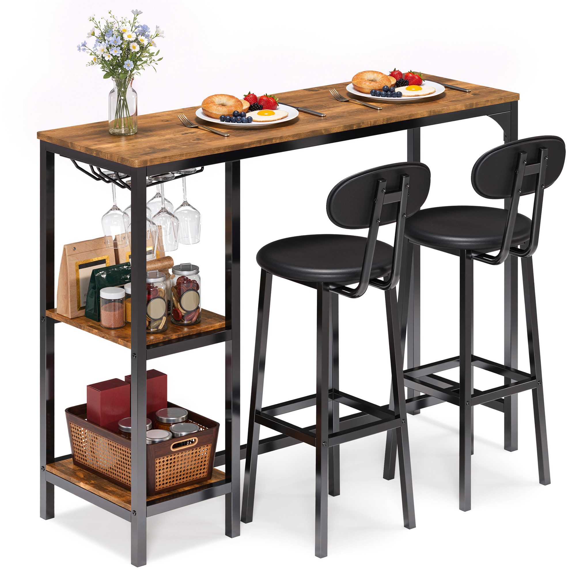 Bealife Bartisch Set, 3-tlg,Stehtisch mit 2 Barhockern,Küchentisch-Set mit Ablage Regal