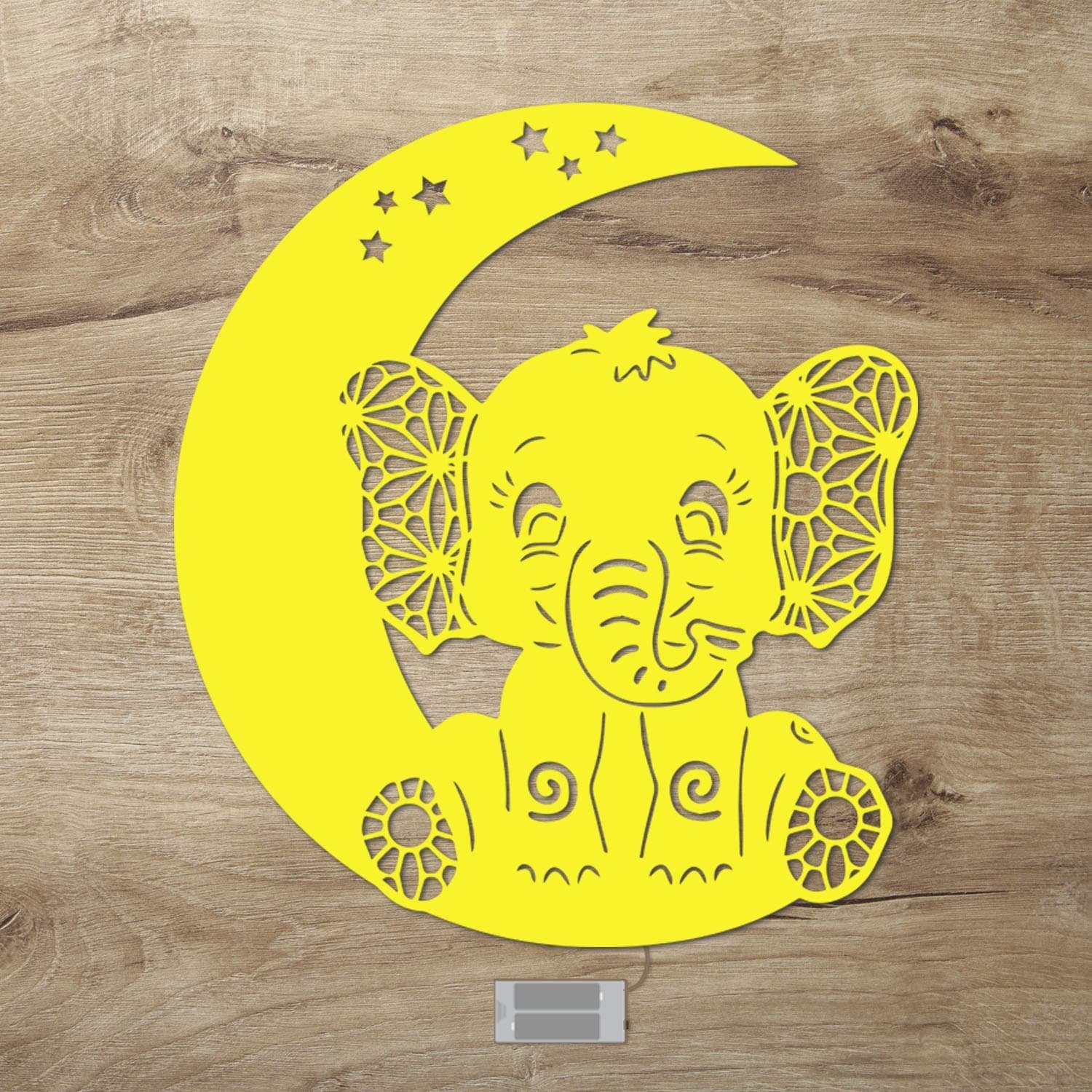 Namofactur LED Nachtlicht Elefant auf Mond - Schlaflicht mit Elefanten Motiv für Kleinkinder, Ohne Zugschalter, LED fest integriert, Warmweiß, Wanddekoobjekt Kinderzimmer Leuchte batteriebetrieben Gelb