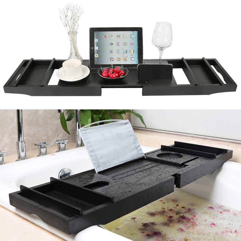 JEOBEST Badewannenablage Verstellbar Badewannenbrett mit Buchstützen, Bambus, Frühstückstablett mit Getränkehalter, Handtuchhalter