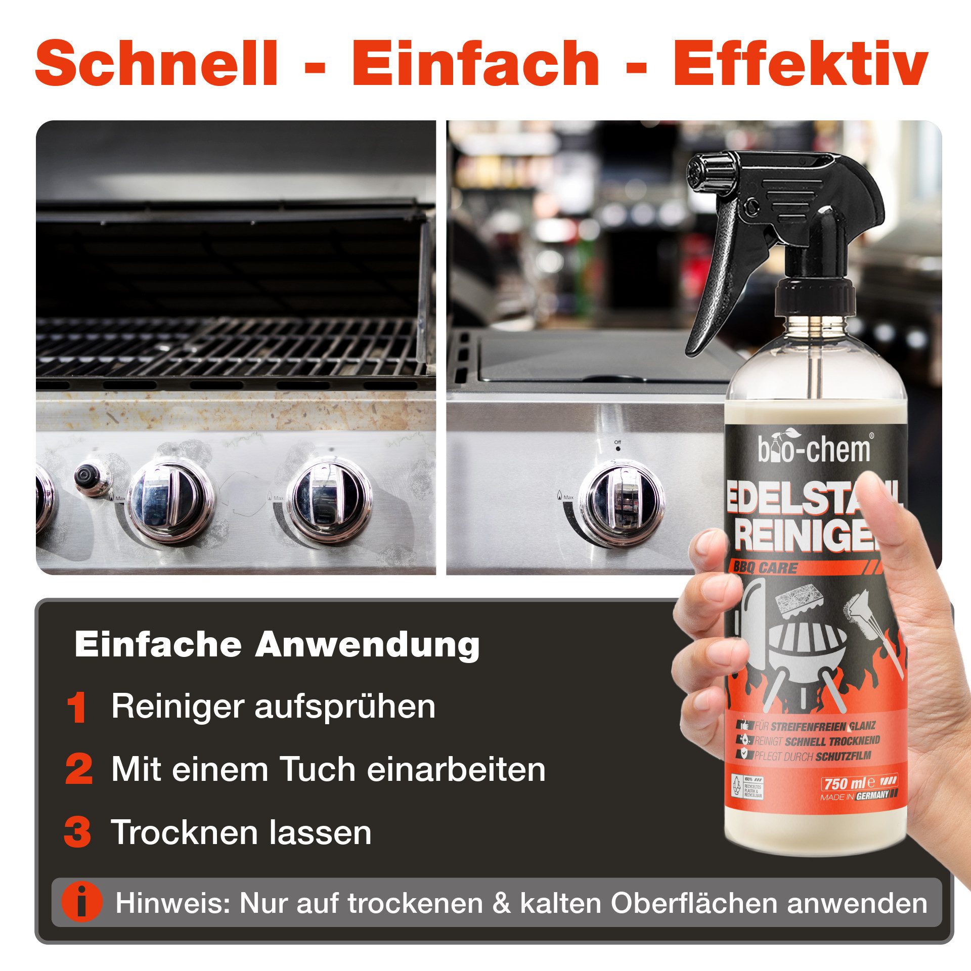 bio-chem Edelstahl-Pflege Edelstahlreiniger (Einzelprodukt, [- Edelstahlreiniger 0.75 l Handsprayflasche Streifenfreier Glanz & Schutzfilm)