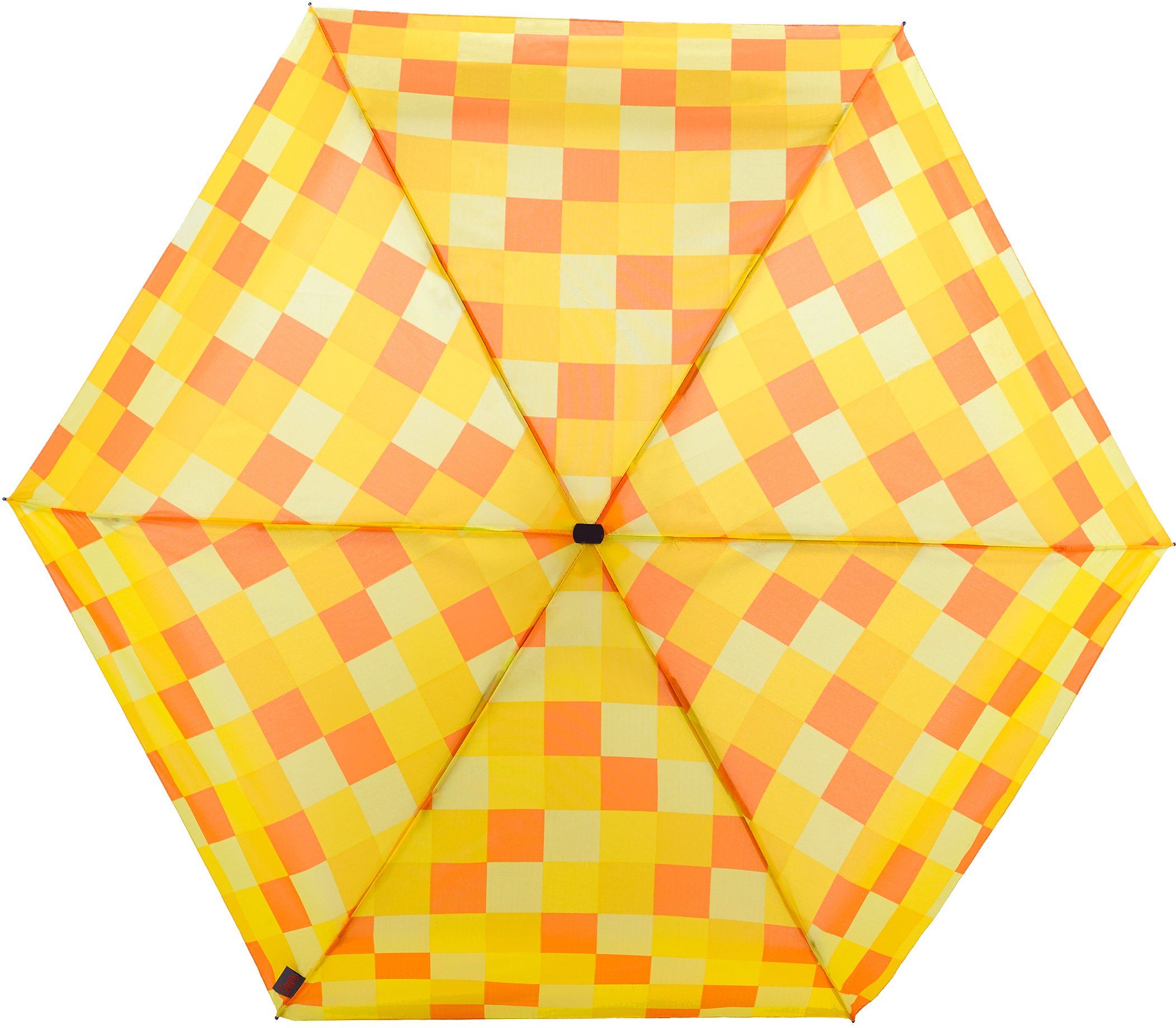 EuroSCHIRM® Taschenregenschirm Dainty, flach orange, Karo gelb extra und kurz