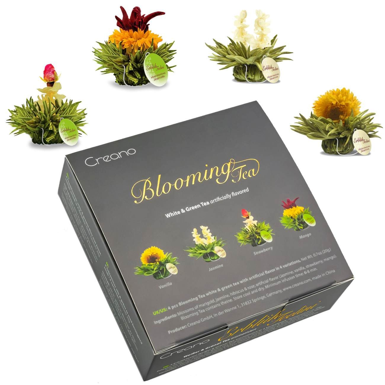 Creano Tee 4 Teeblumen edle Geschenkbox- Teelini weißer& grüner Tee, Tassenformat