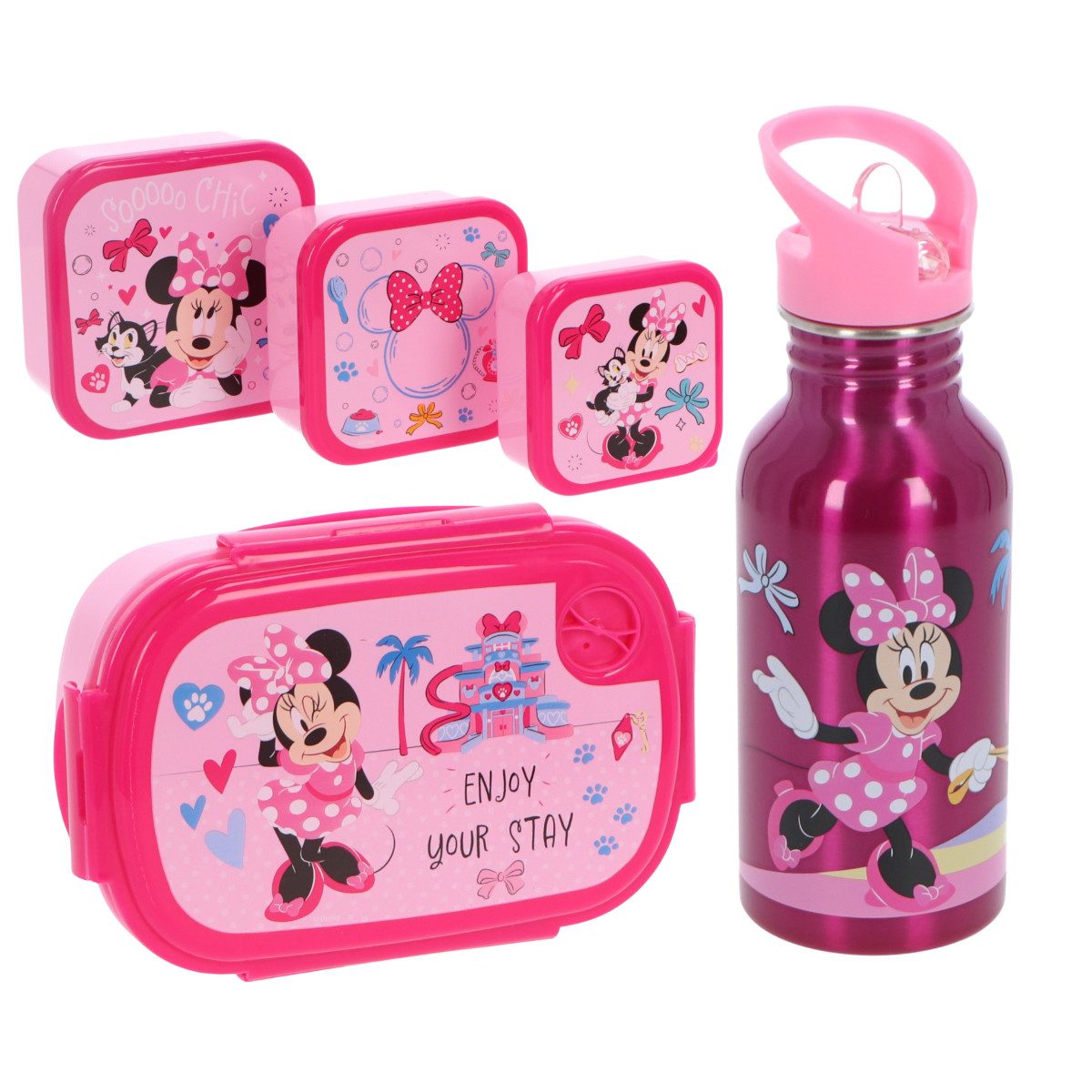 Textiel Trade B.V. Lunchbox Disney Minnie Mouse Lunchpaket 5-tlg. Brotdose Trinkflasche Snackbox, Multicomposition, (4x Brotdose, 1x Trinkflasche)
