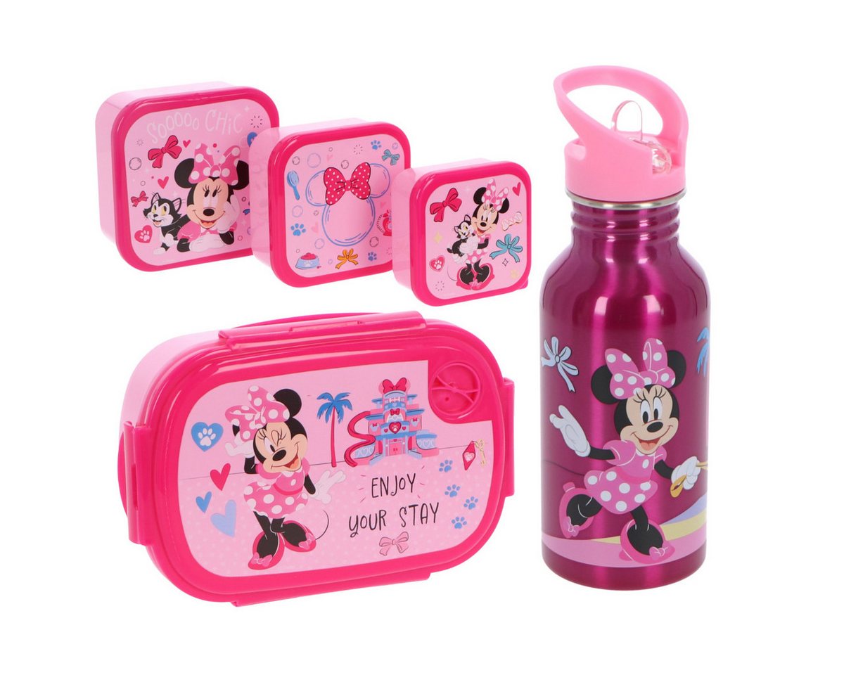 Textiel Trade B.V. Lunchbox Disney Minnie Mouse Lunchpaket 5-tlg. Brotdose Trinkflasche Snackbox, Multicomposition, (4x Brotdose, 1x Trinkflasche)