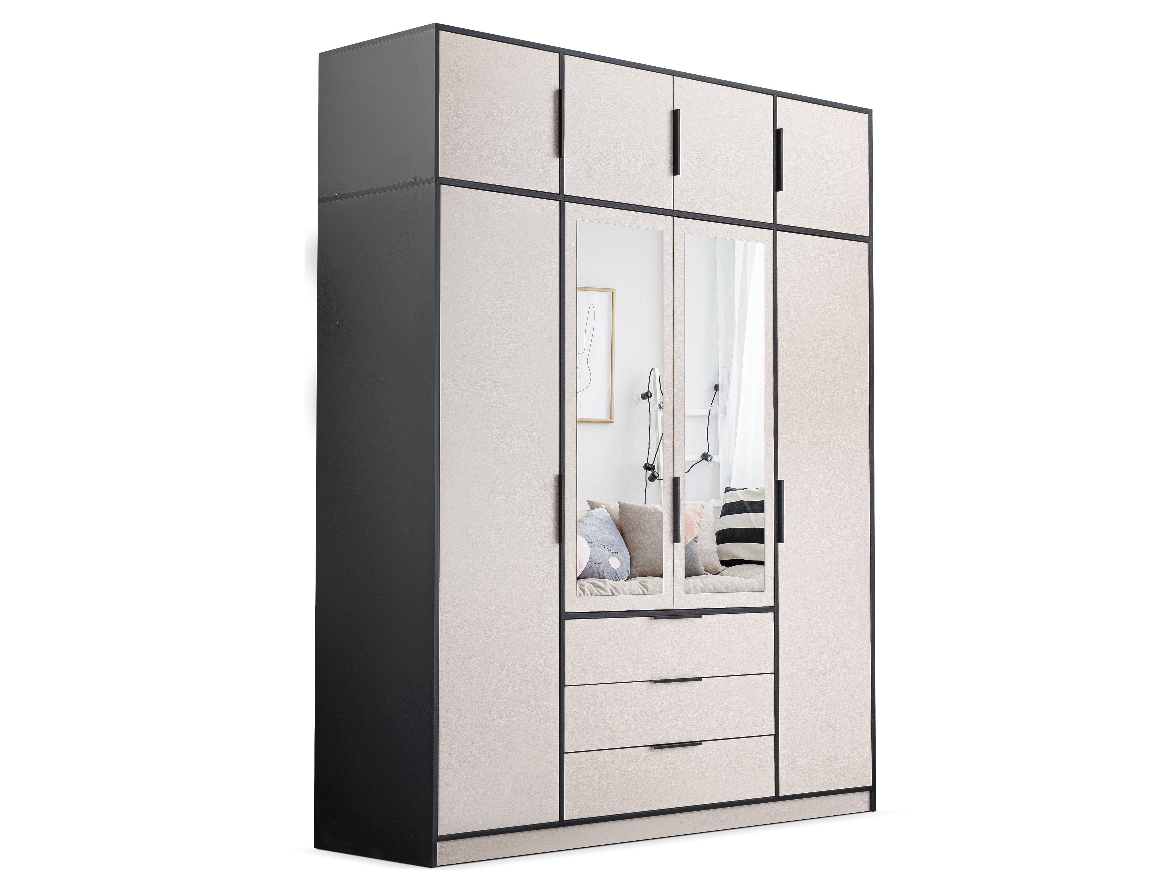 Beautysofa Kleiderschrank mit Spiegel LIVO (Schrank mit 11 Regalen, Kleiderstange und 3 Schubladen, optional mit oder ohne Aufsatz) Breite: 196 cm