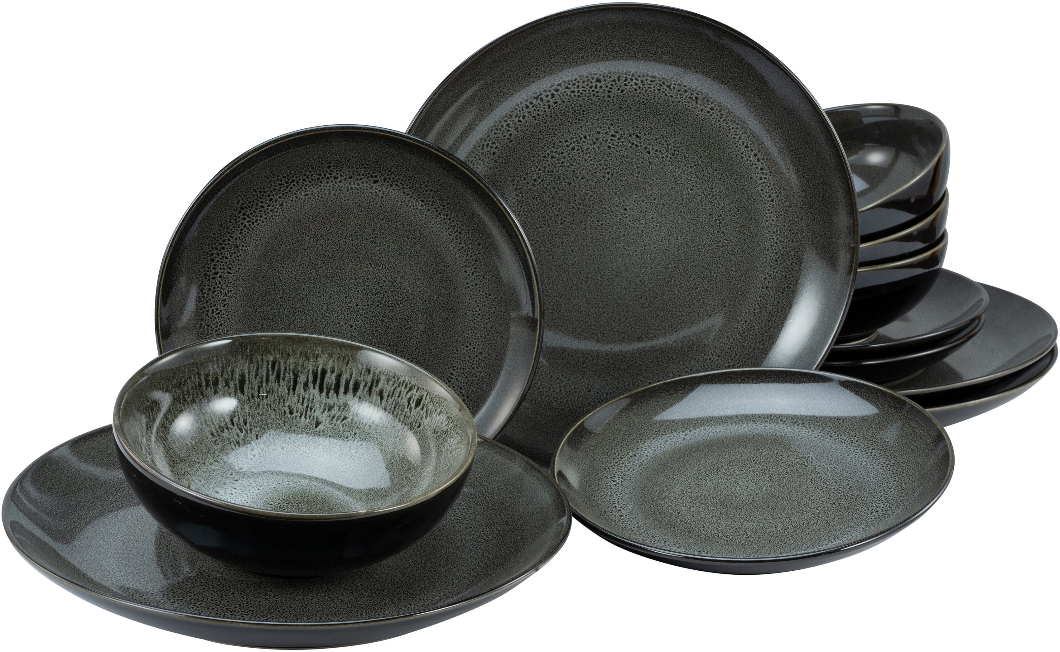 ein grau/schwarz Personen Geschirr-Set, Scandic-Style, 12 für 4 jedes Teile, Joran Stück Tafelservice (12-tlg), Steinzeug, Service, Unikat, andas 4 Personen,