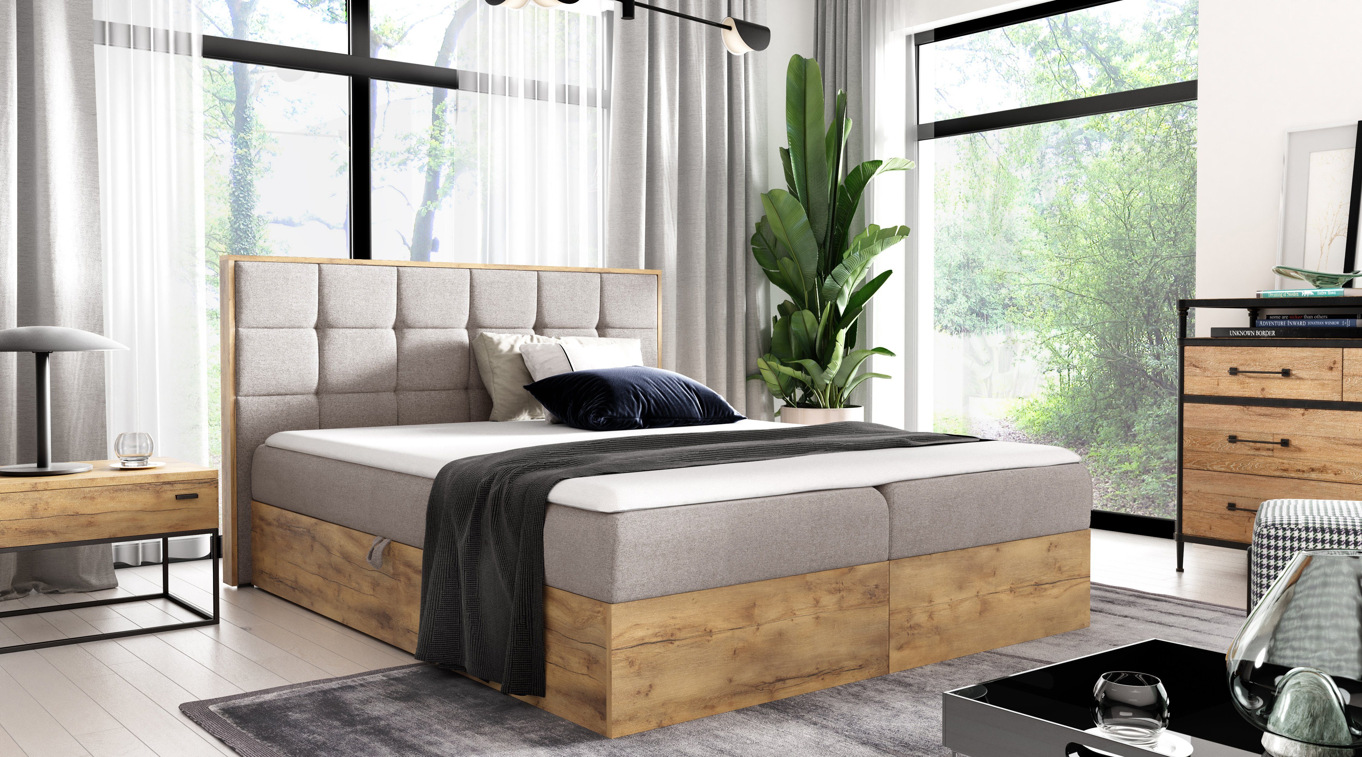 yourhouse24 Boxbett Wood I mit zwei Bettkästen, Doppelbett mit Bonell-Matratze + Topper