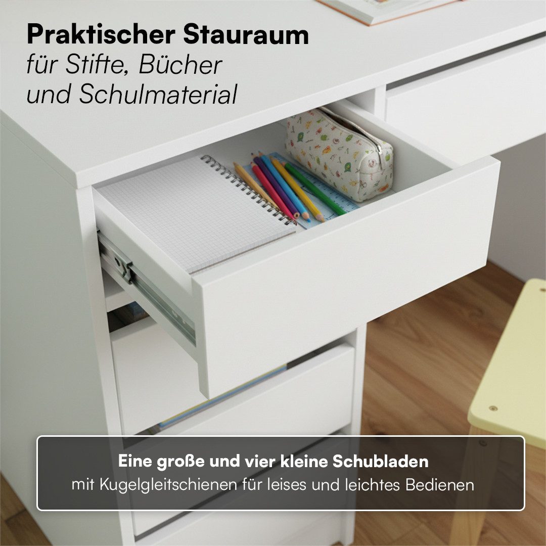 Bellabino Kinderschreibtisch Nore weiß, Jugendschreibtisch 110x53 cm mit 5 Schubladen, beidseitig montierbar