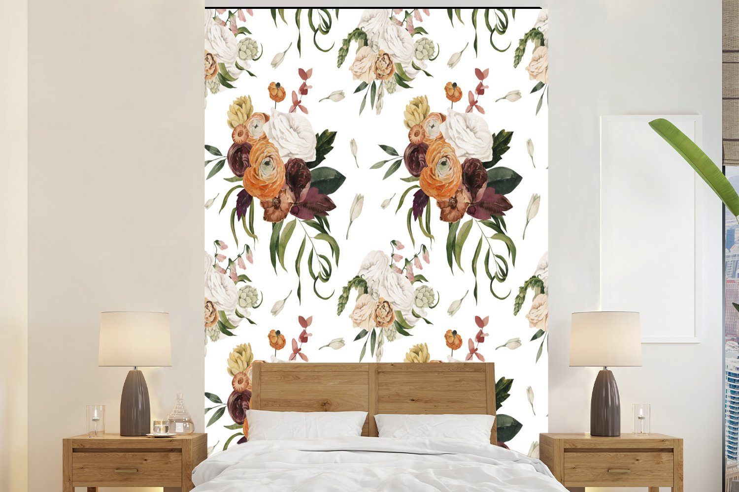 MuchoWow Fototapete Blumen - Rosen - Muster, Matt, bedruckt, (3 St), Montagefertig Vinyl Tapete für Wohnzimmer, Wandtapete