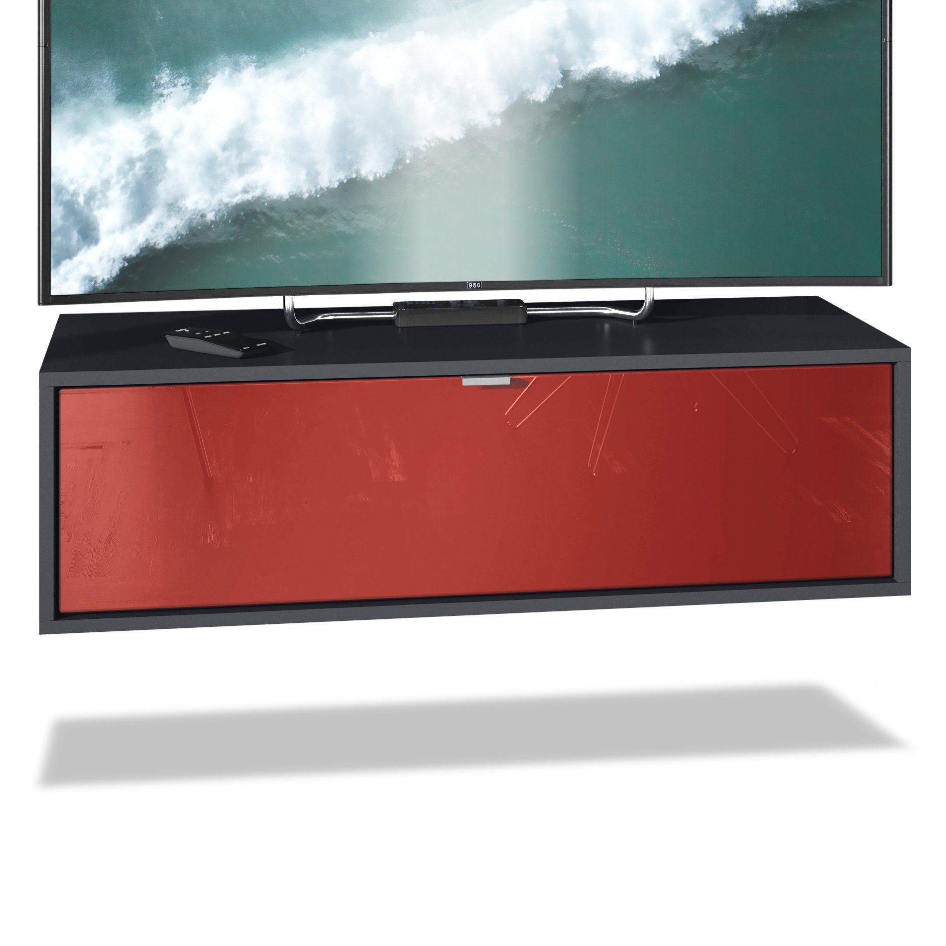 Vladon Lowboard Lana 1000 (TV-Kommode, mit Klappe), Schwarz matt/Bordeaux Hochglanz (100 x 29 x 37 cm)