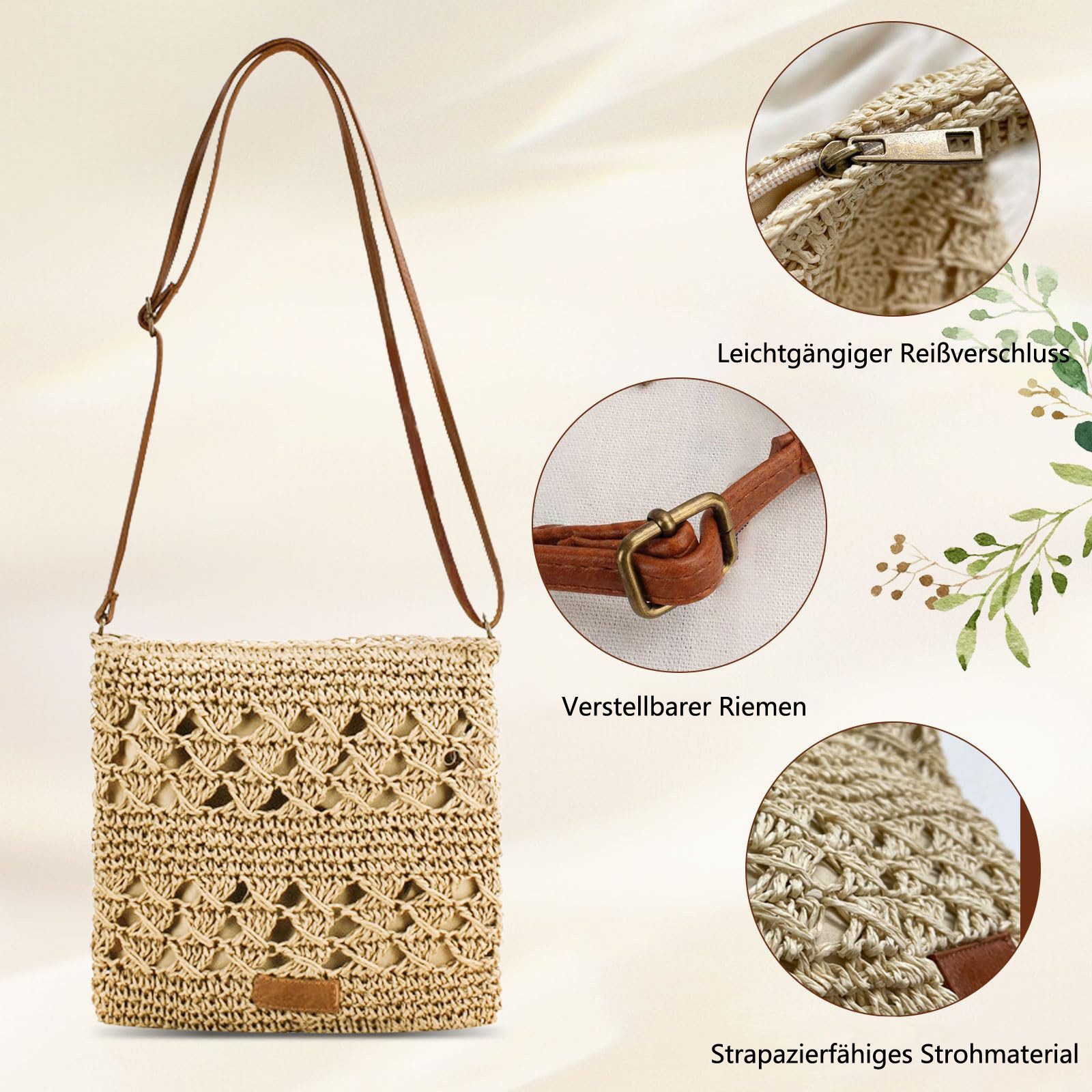 Coonoor Umhängetasche Strohtasche für Damen, kleine Strand-Umhängetasche mit Reißverschluss, und verstellbarem Riemen für Tägliches Leben Reise – Bild 4 von 5