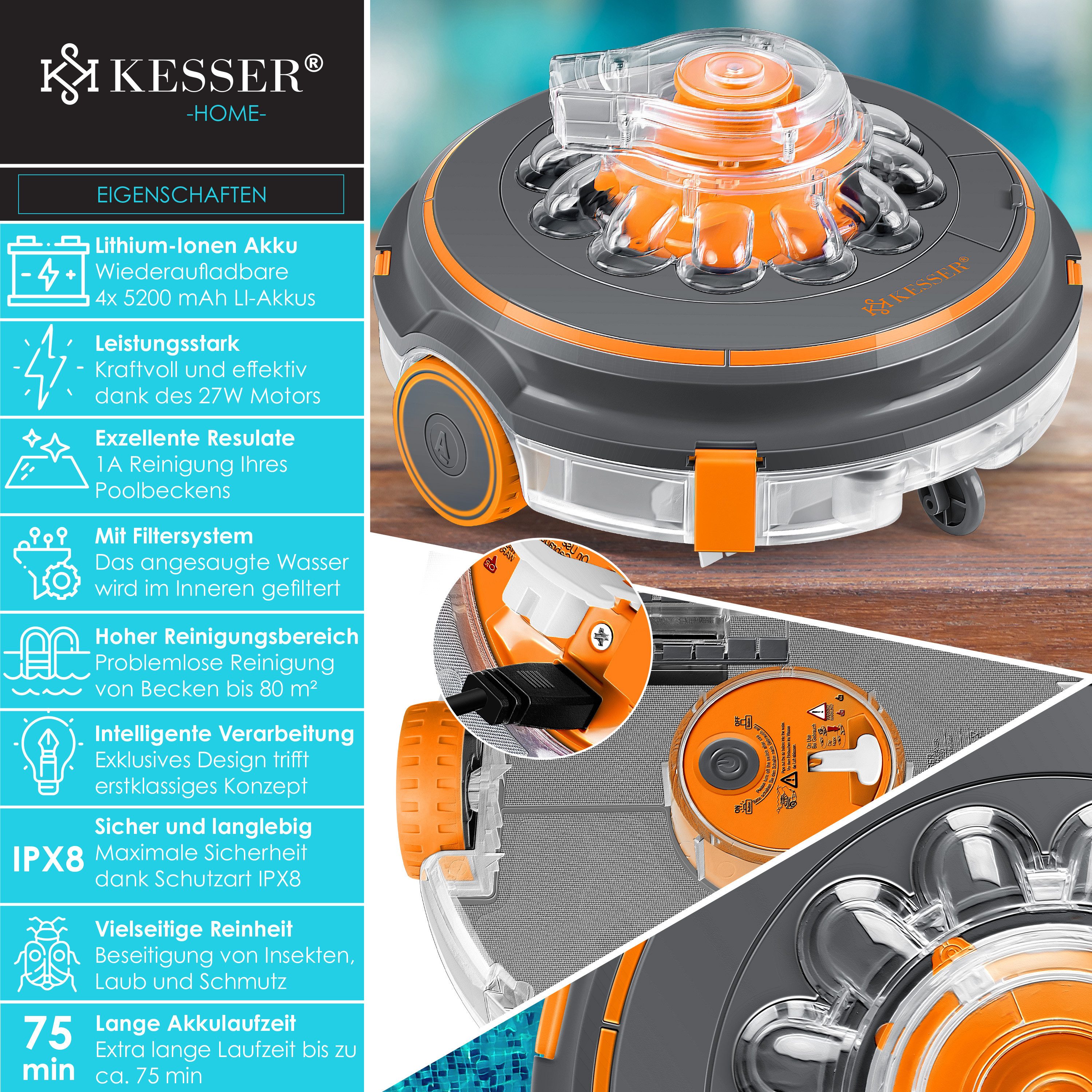 KESSER Poolroboter, Poolroboter Poolsauger Poolreiniger Akku Aqua-9000 mit Transporttasche