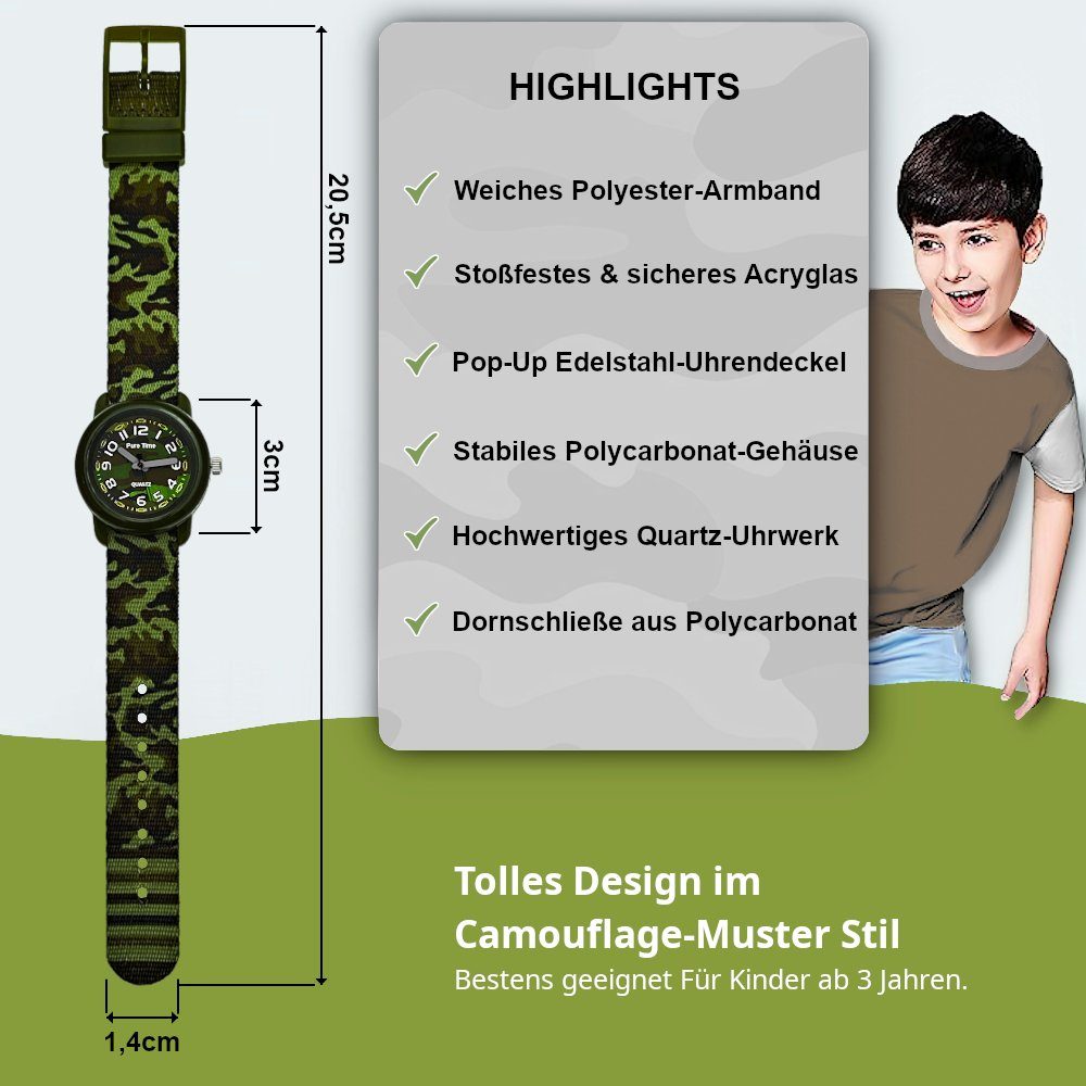 Pure Time Quarzuhr Kinderuhr, Moderne Kinder Textil Armbanduhr, ideal als Geschenk mit Verpackung, für Kinder ab 3 Jahren