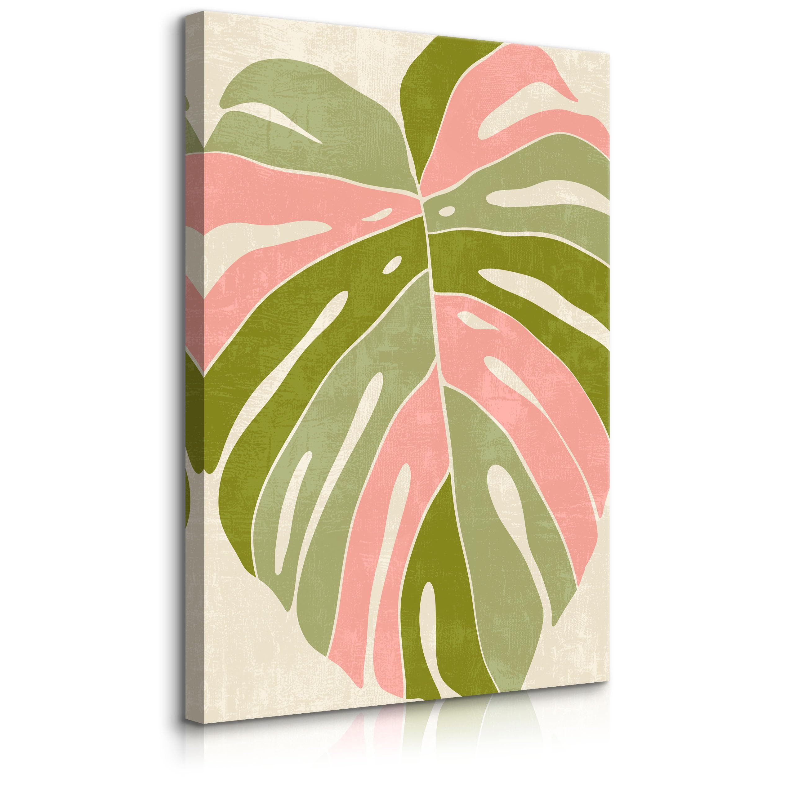 Muralo Leinwandbild Natur – Leinwandbild Wandbild Kunstdruck Wohnzimmer, Blumen (1 St), Rosa grünes Monstera-Blatt, 50 x 70 cm, aufhängefertig