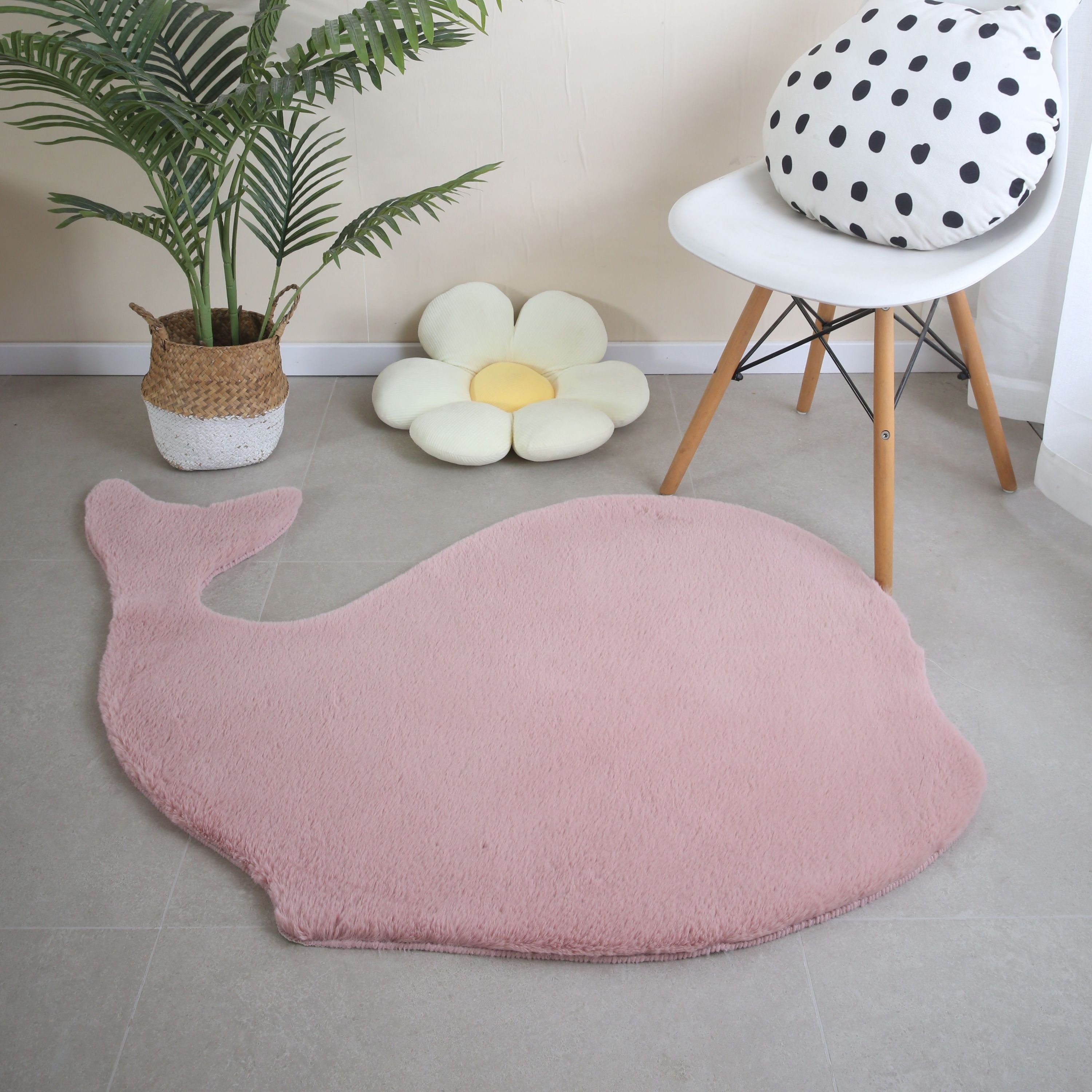 Teppich Wal Form, HomebyHome, Läufer, Höhe: 25 mm, Teppich Plüsch Einfarbig Walform Kunstfell Kinderzimmer Rosa