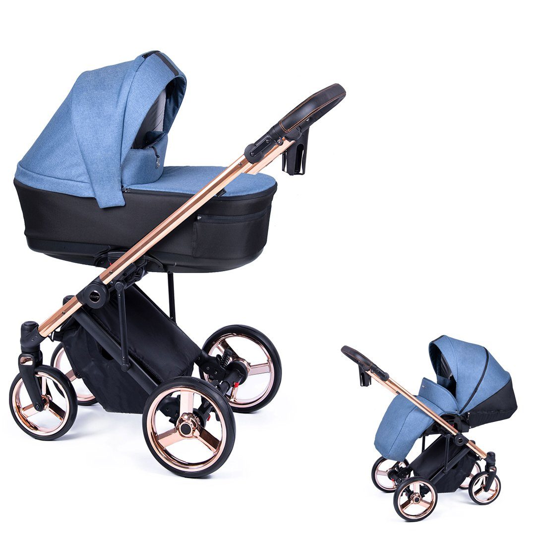 babies-on-wheels Kombi-Kinderwagen 2 in 1 Kinderwagen-Set Fado - 14 Teile - in 24 Designs Blau = Gestell gold
