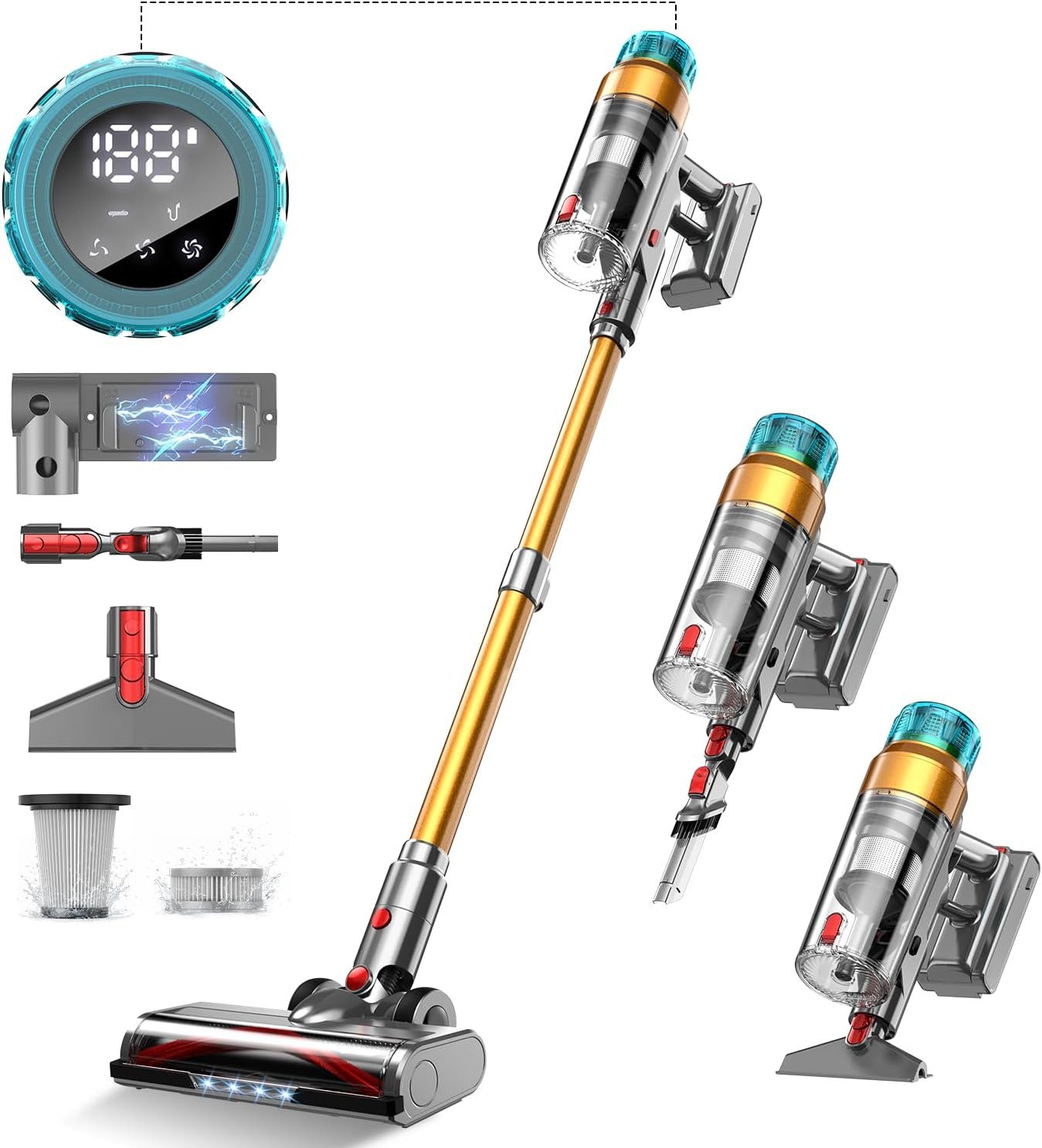Pdgrid Stielstaubsauger 55KPA/50Min-Hand -Akku-Staubsauger Cordless Sweeper Vacuum Cleaner, 600 W, 1.6L, Anti-Verhedderung-Bürste für Teppich Hartboden Tierhaare