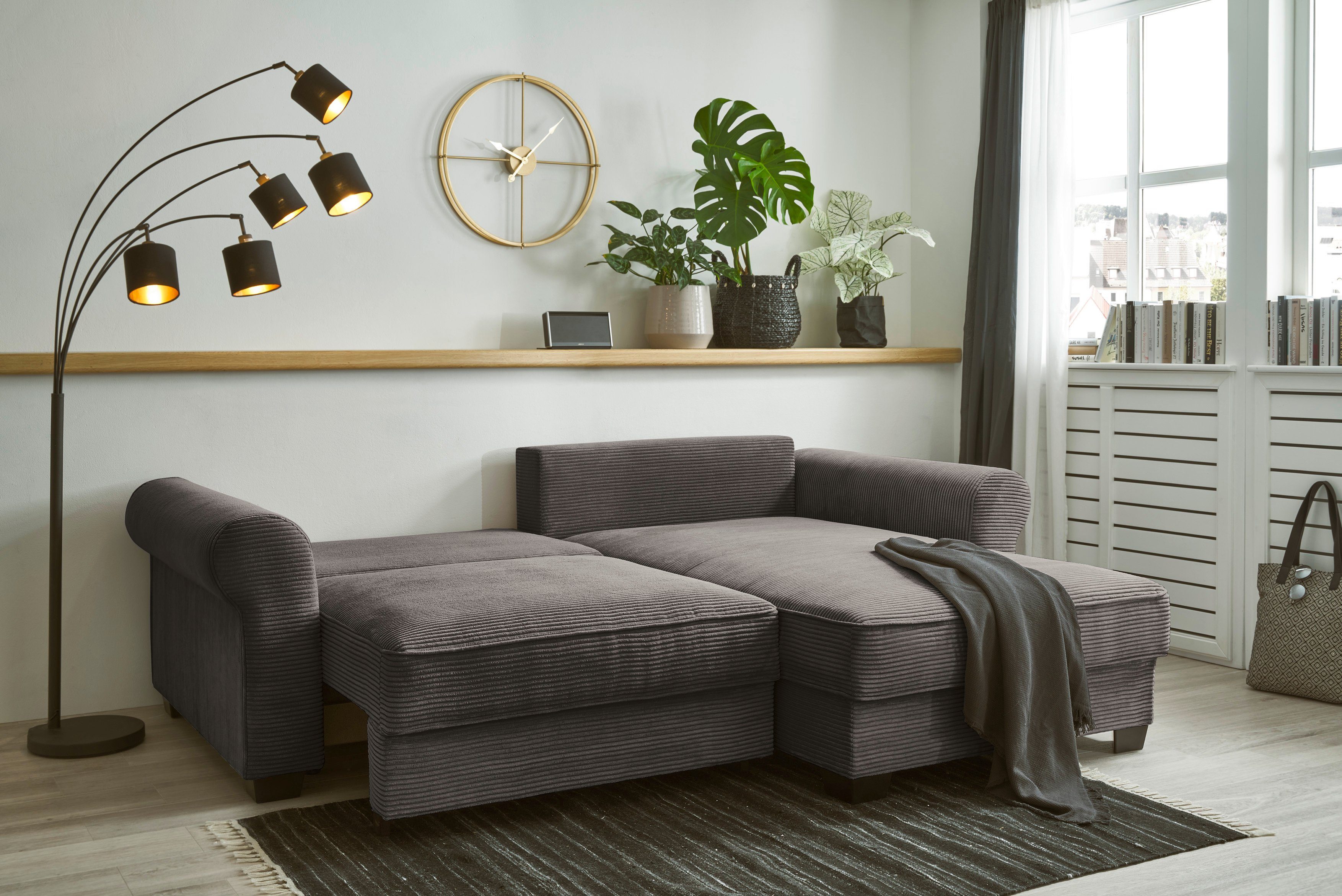 braun Angelina, und Rücken-, ED mit DESIGN Zierkissen und EXCITING Bettkasten, Nieren- Bettfunktion sowie Ecksofa