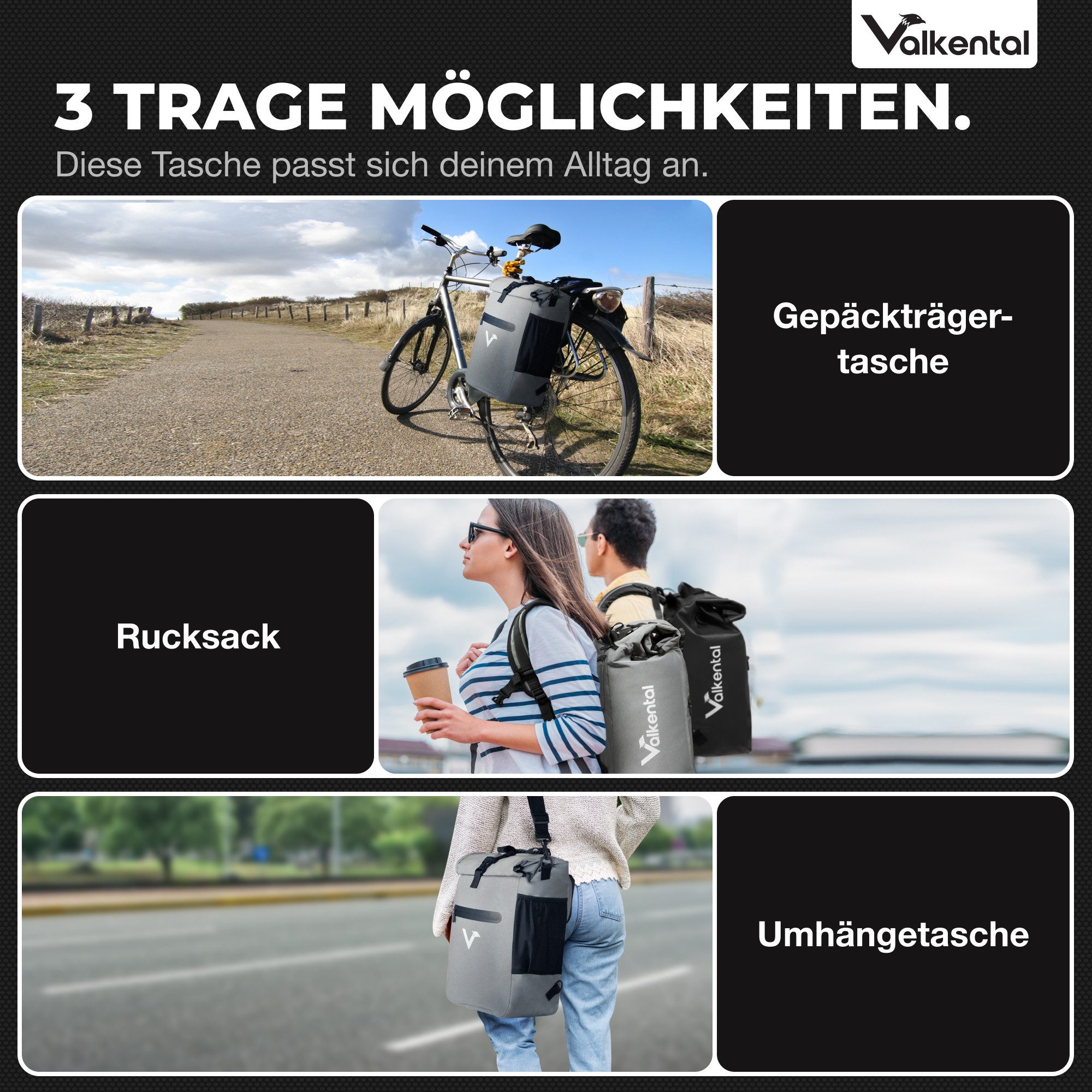 Valkental Fahrradtasche Gepäckträgertasche, Rucksack und Umhängetasche, 3in1 - wasserdicht & reflektierend 25 L