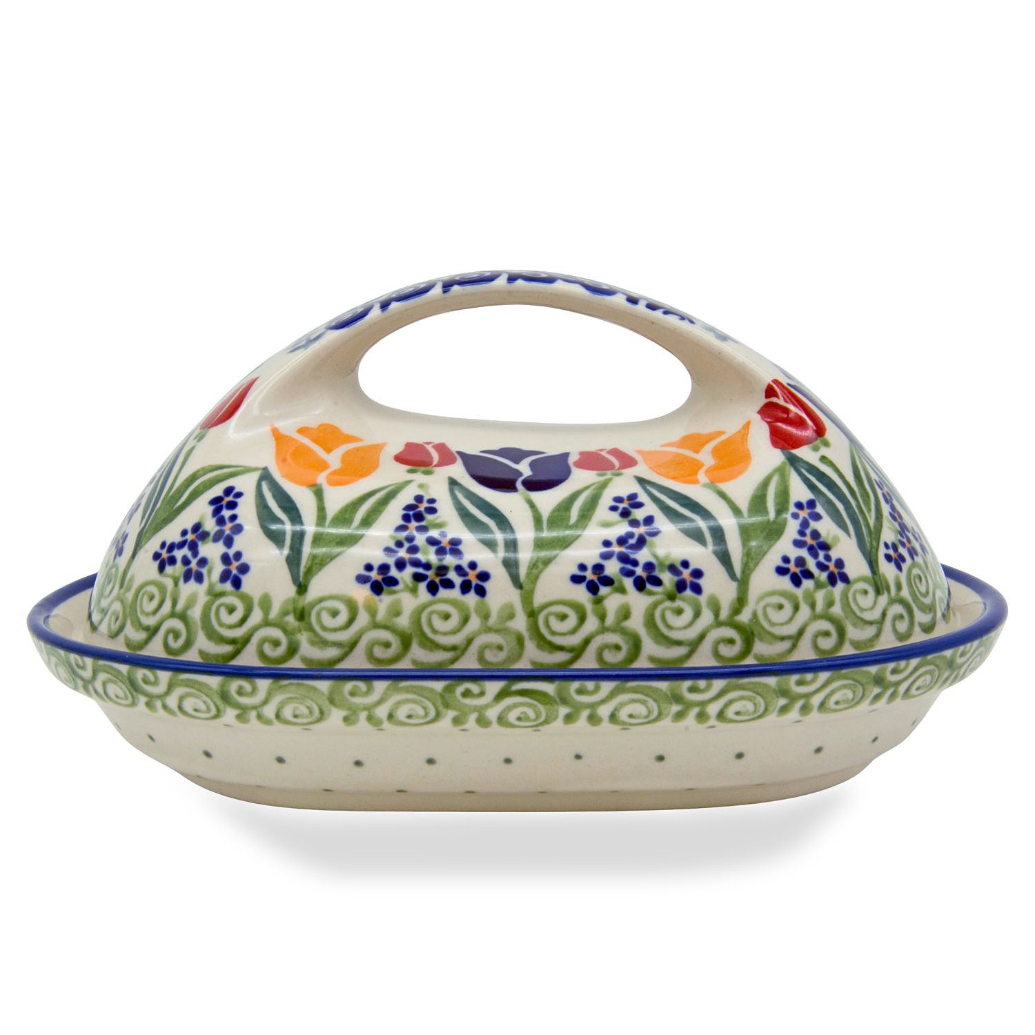 Bunzlauer Keramik Manufaktura Butterdose oval mit großem Griff, Unterteil und Deckel oval geformt, großer Griff.